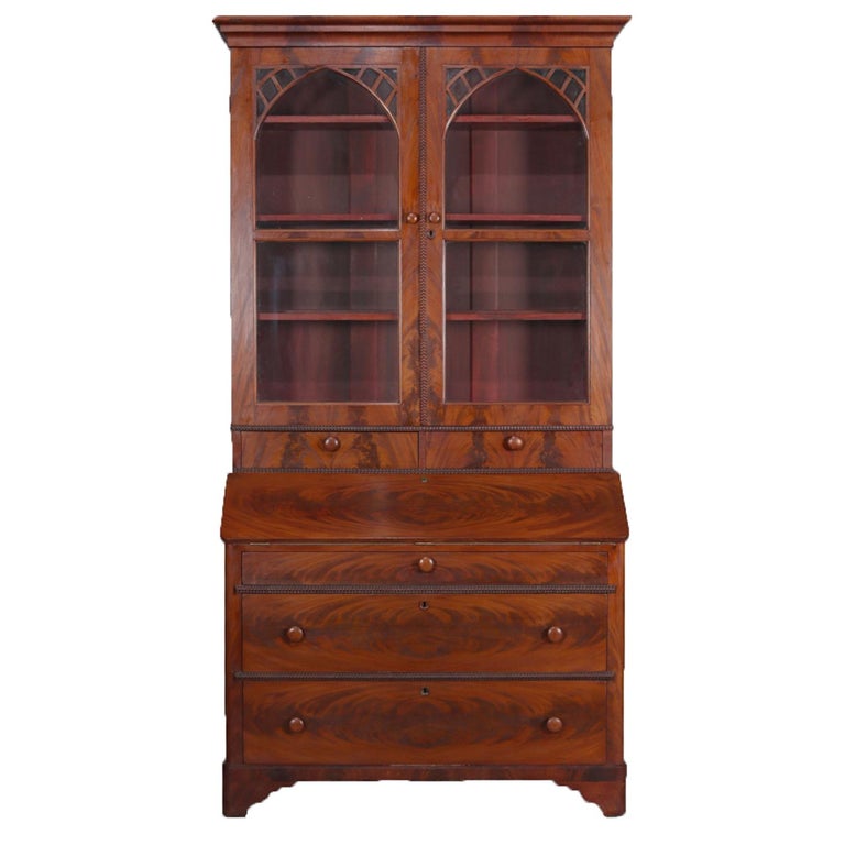 Antique American Empire Flame Mahogany Bookcase Secretary, circa 1840