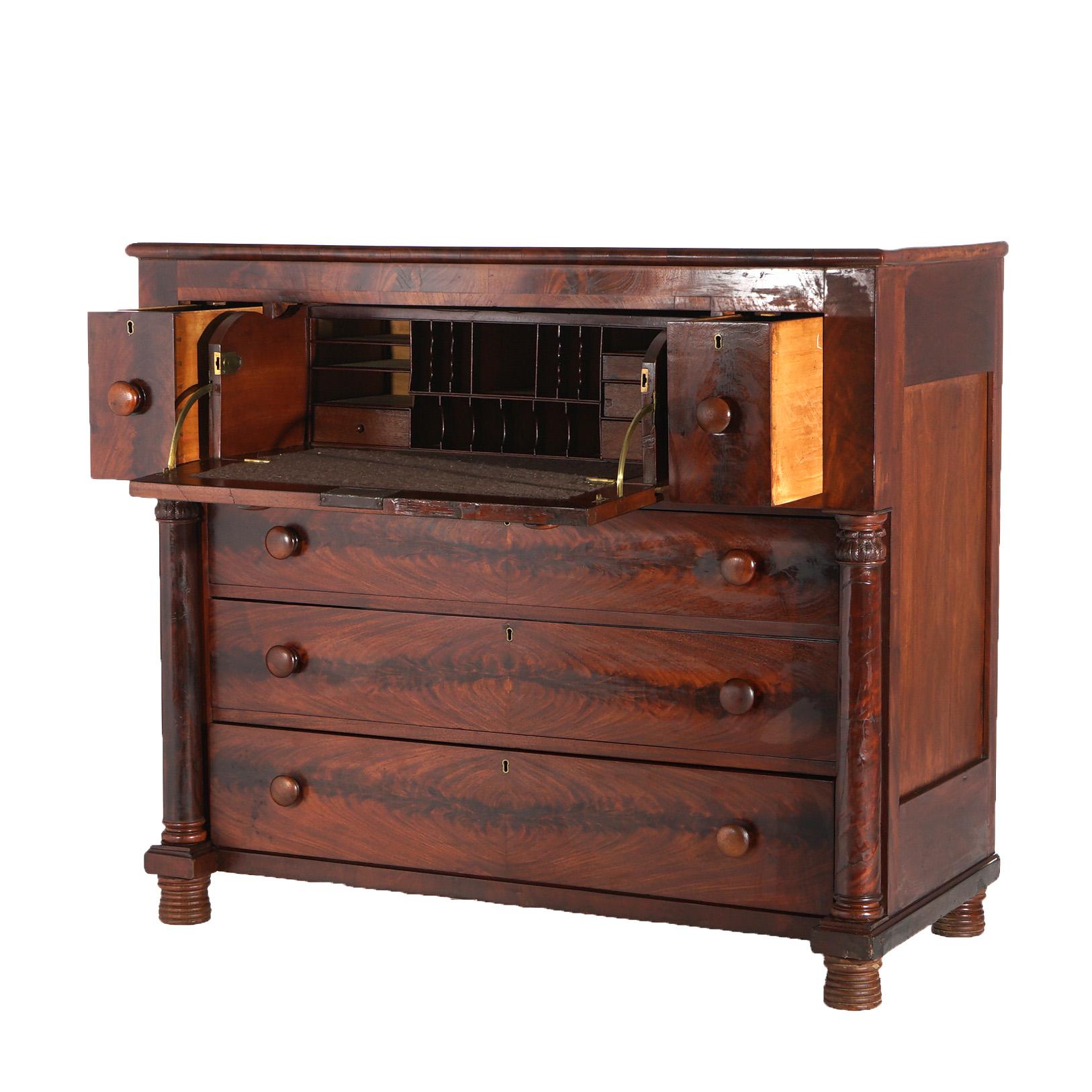 Antique American Empire Flame Mahogany Butler’s Desk with Full Columns C1840 13