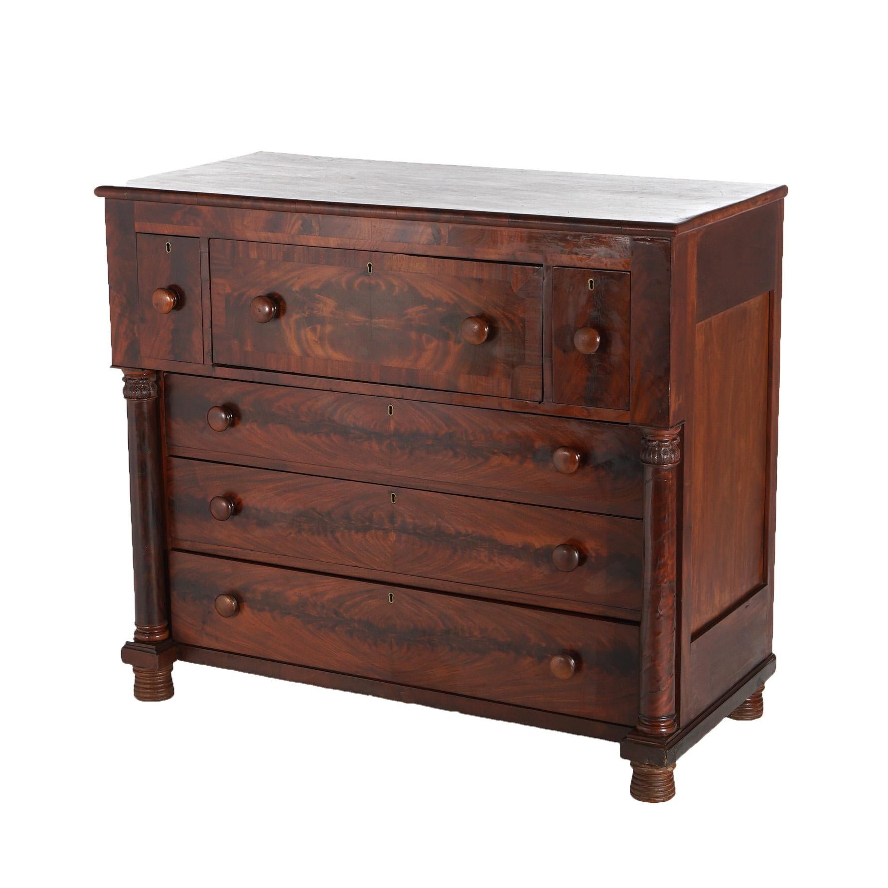 Antique American Empire Flame Mahogany Butler’s Desk with Full Columns C1840 In Good Condition In Big Flats, NY