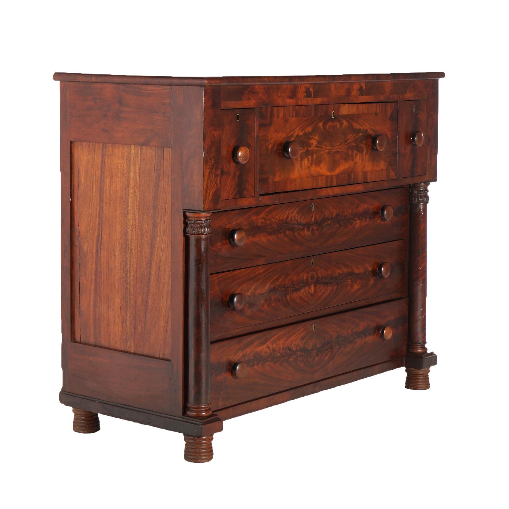 19th Century Antique American Empire Flame Mahogany Butler’s Desk with Full Columns C1840