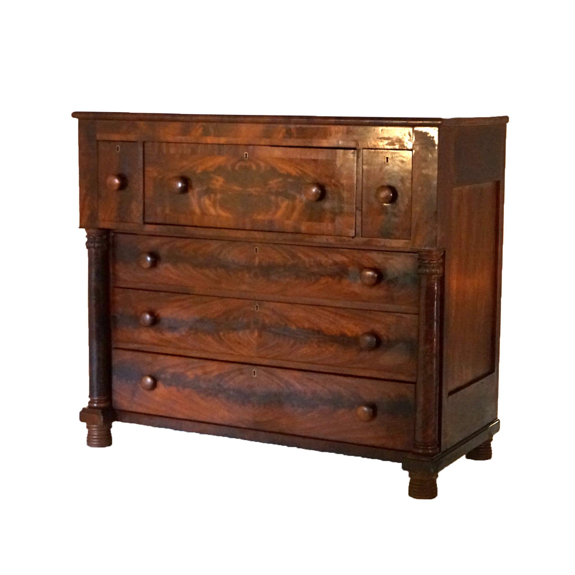 Antique American Empire Flame Mahogany Butler’s Desk with Full Columns C1840 3