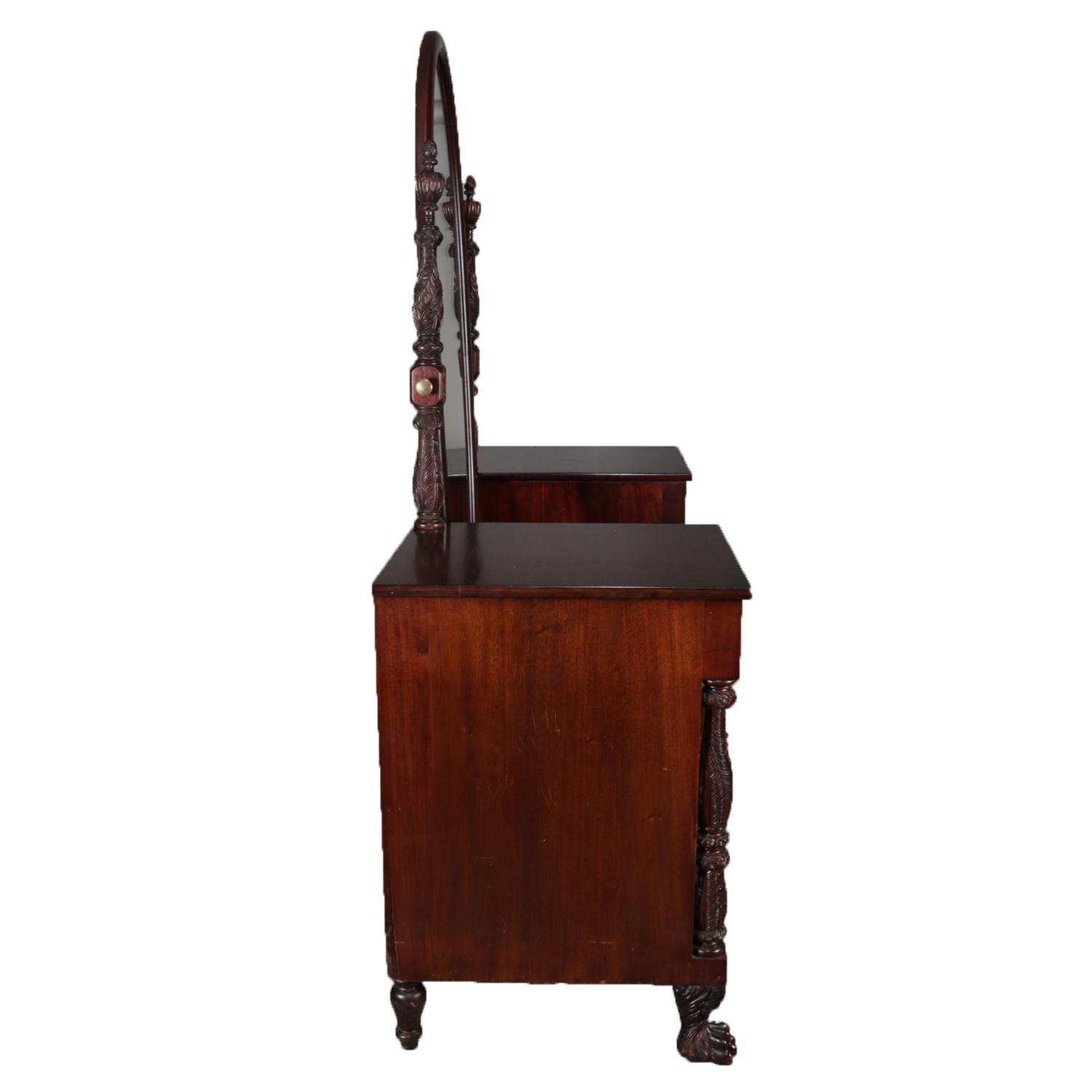 Antique American Empire Flame Mahogany Carved Acanthus Dressing Table In Good Condition In Big Flats, NY