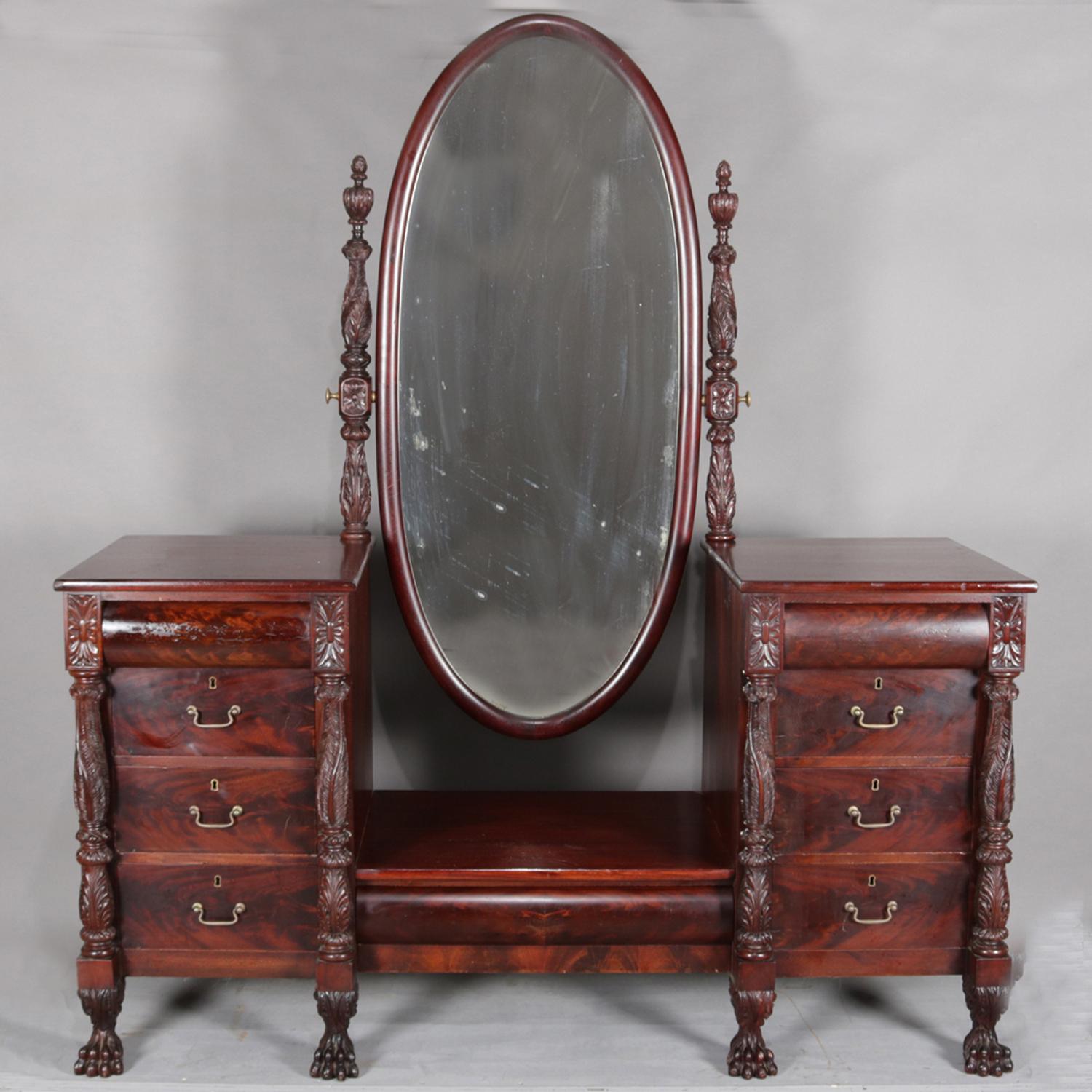 20th Century Antique American Empire Flame Mahogany Carved Acanthus Dressing Table