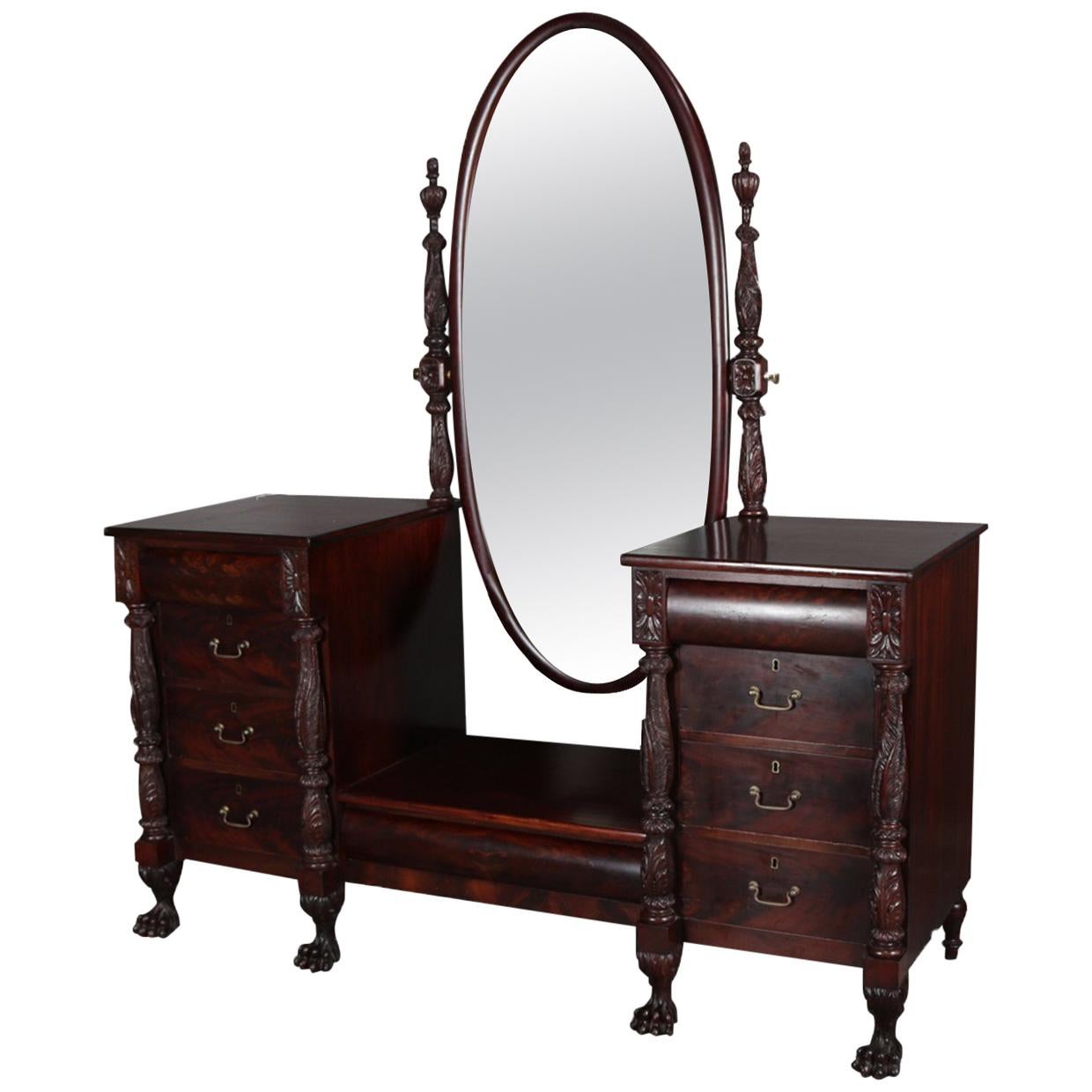 Antique American Empire Flame Mahogany Carved Acanthus Dressing Table