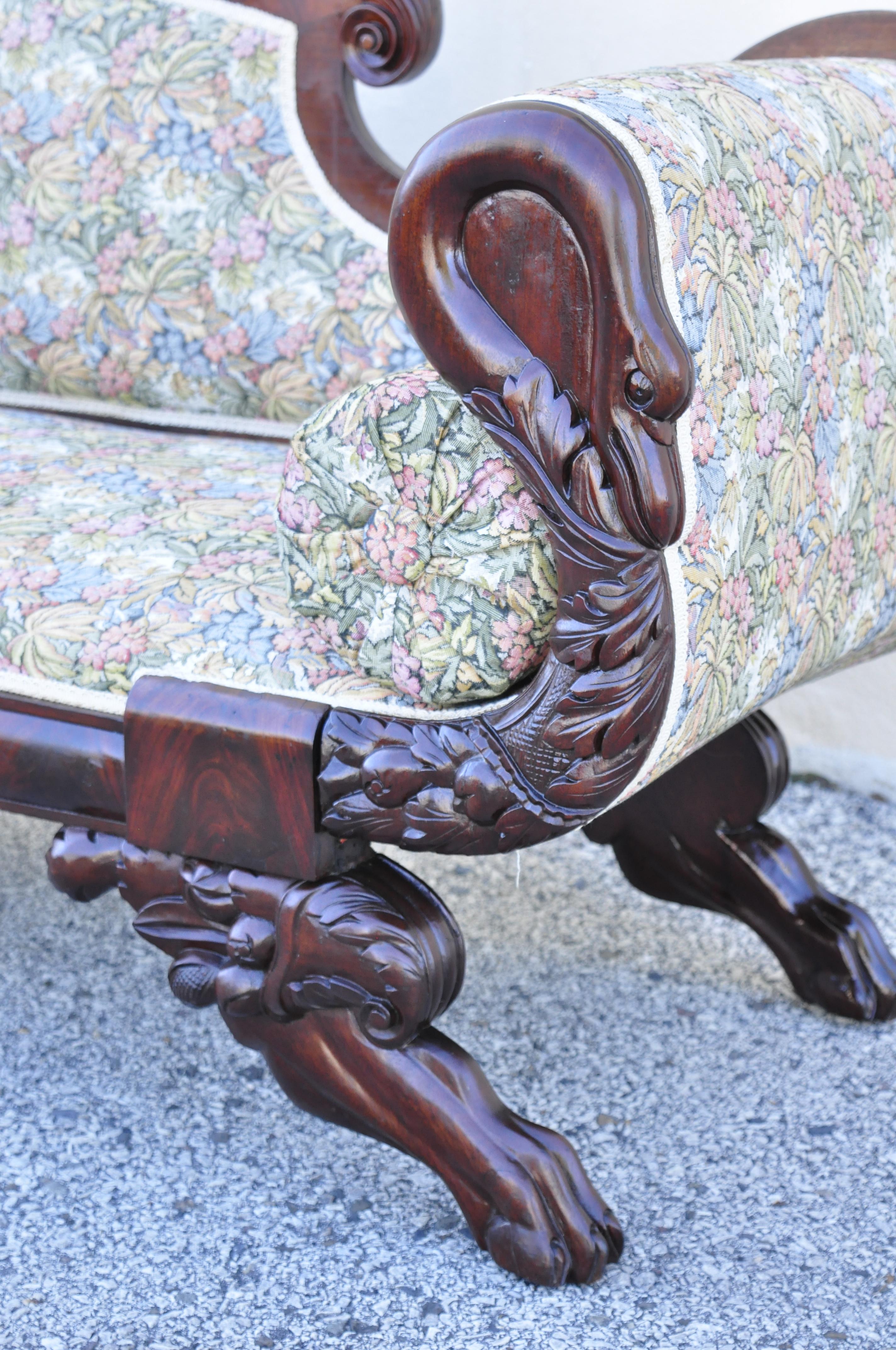 Antique American Empire Flame Mahogany Carved Swan Paw Feet Sofa 3