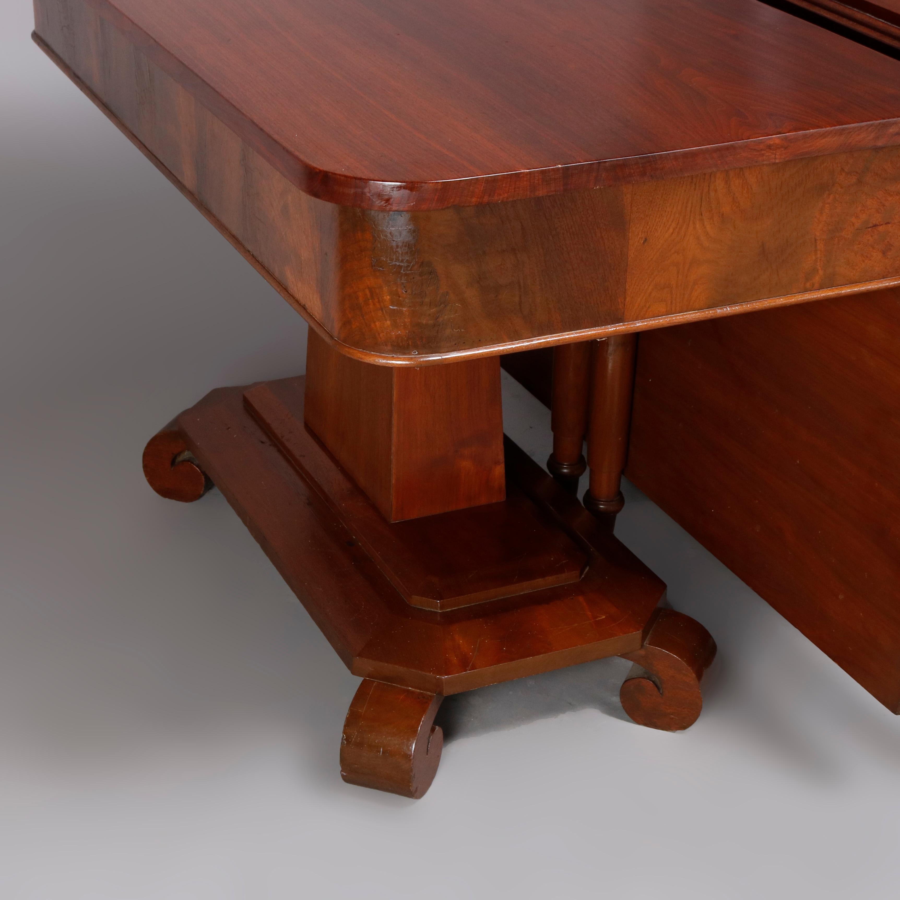 Carved Antique American Empire Flame Mahogany Double Pedestal Drop Leaf Banquet Table