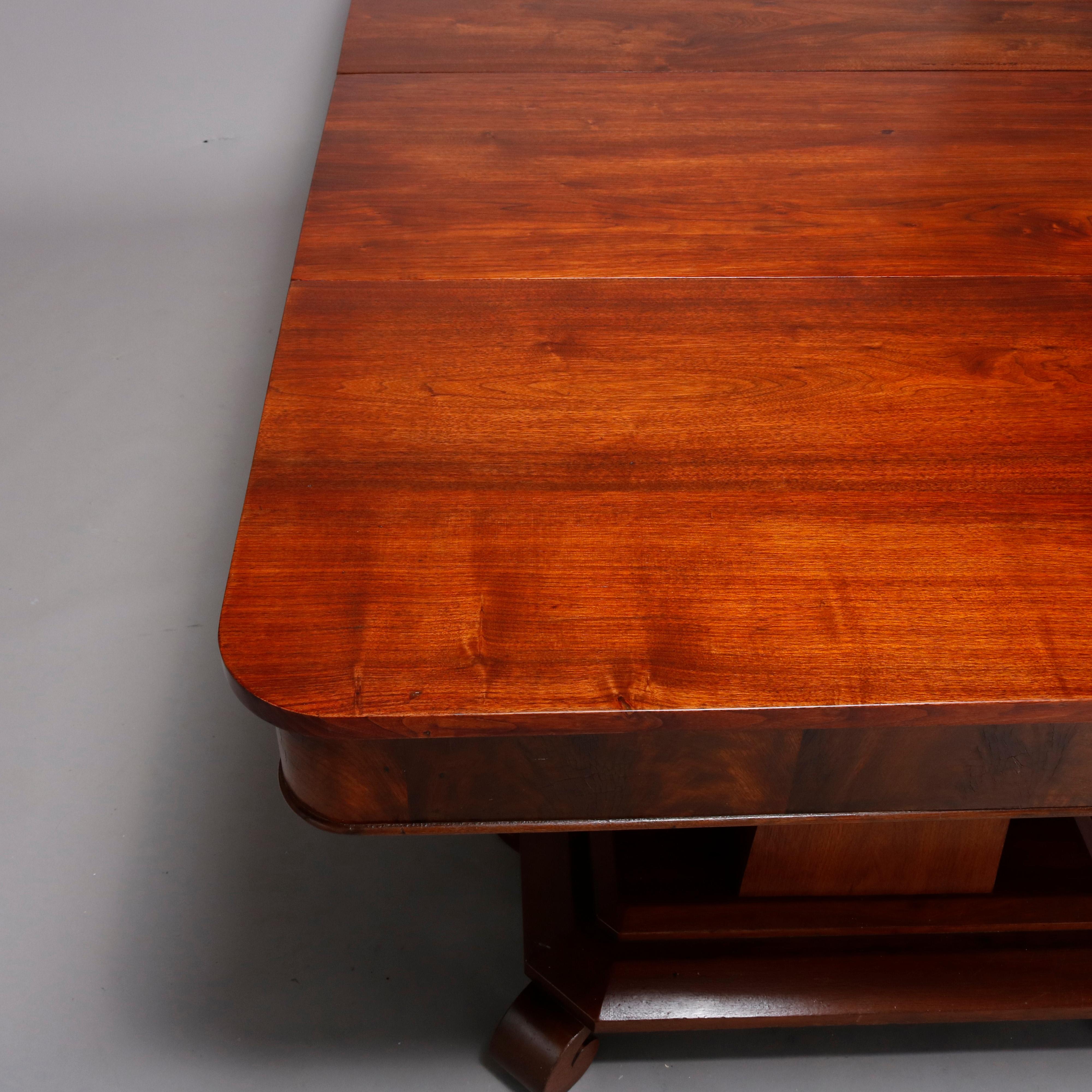 19th Century Antique American Empire Flame Mahogany Double Pedestal Drop Leaf Banquet Table
