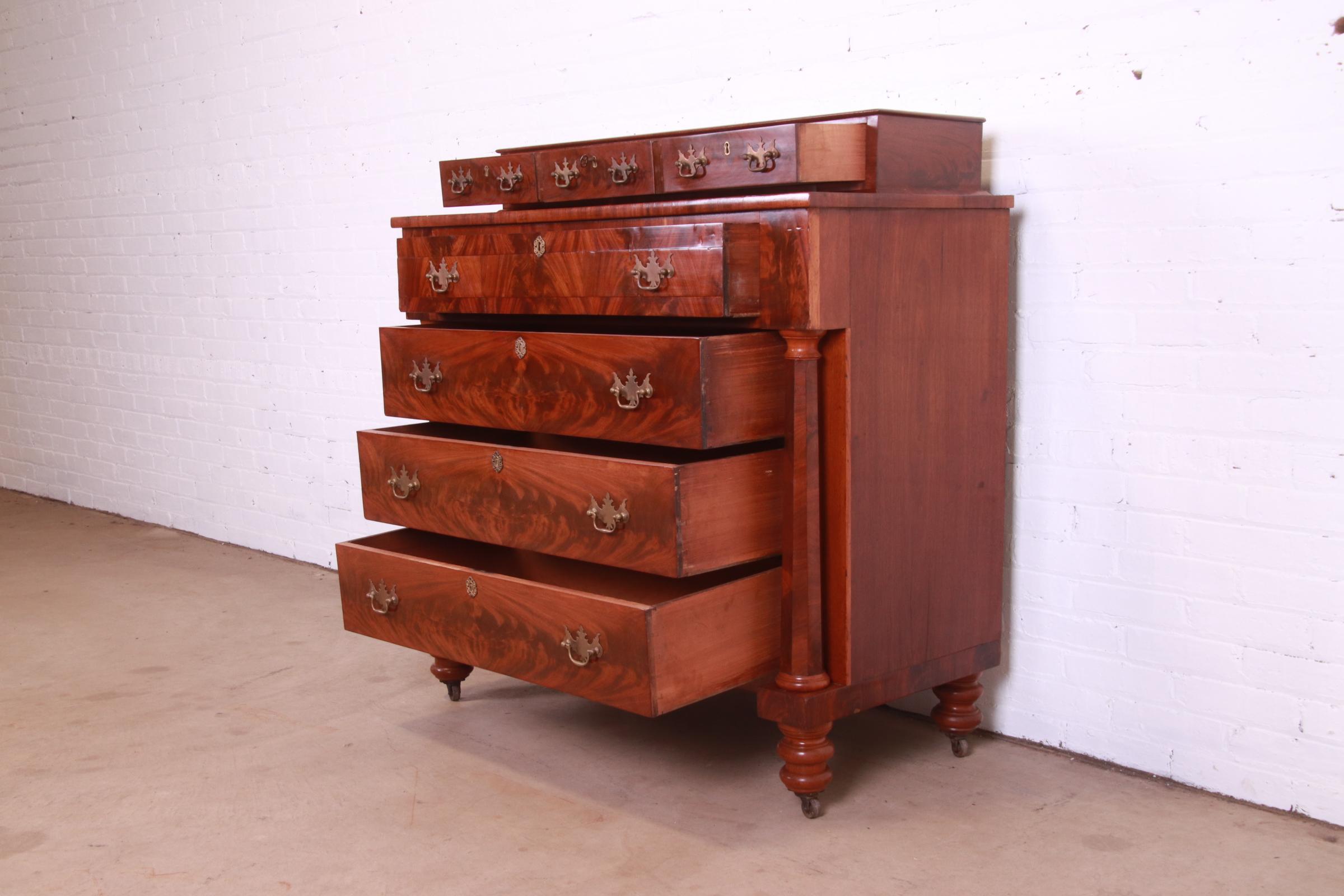 Antique American Empire Flame Mahogany Dresser Chest, Circa 1850s 3