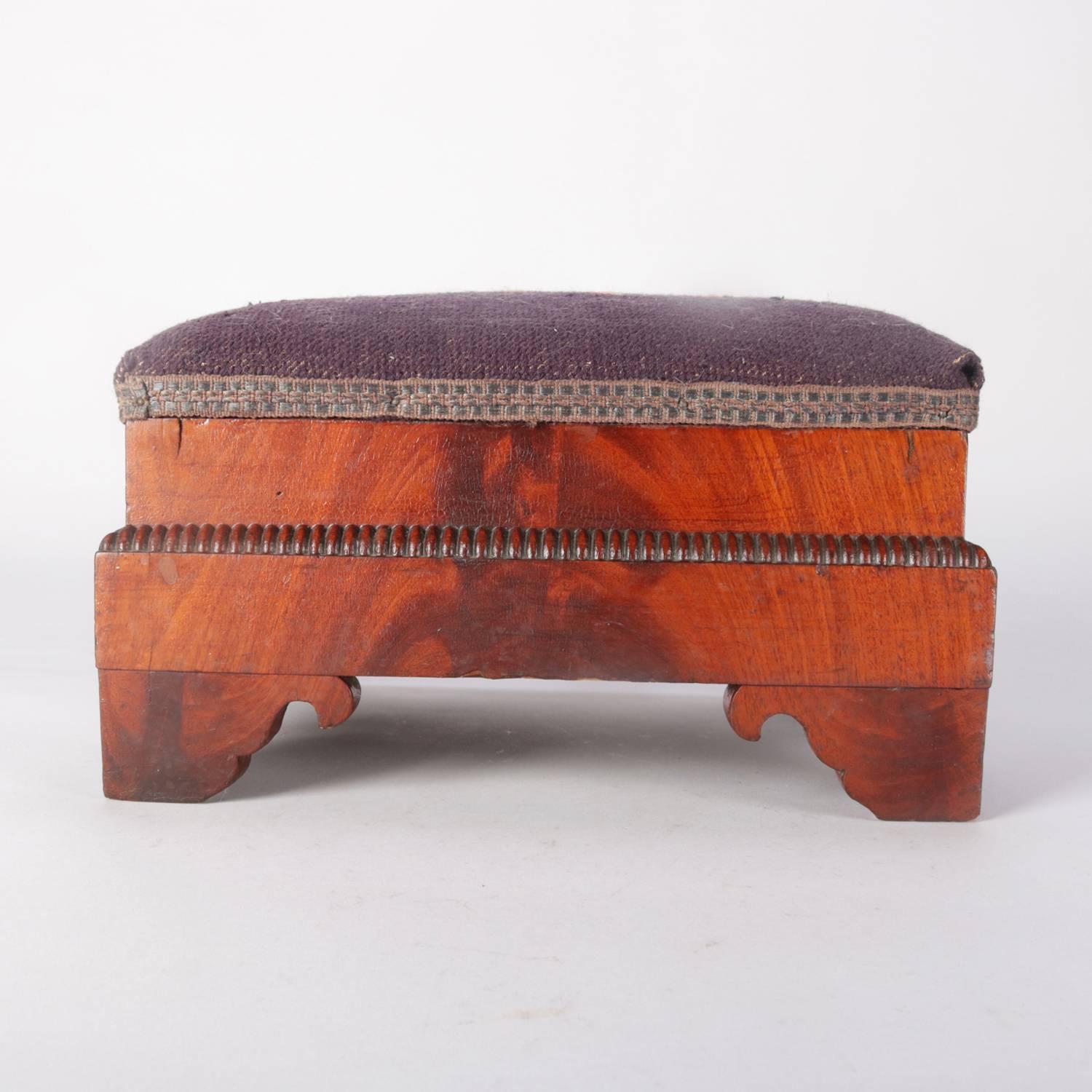 Antique American Empire Flame Mahogany Floral Needlepoint Foot Stool, circa 1850 In Good Condition In Big Flats, NY