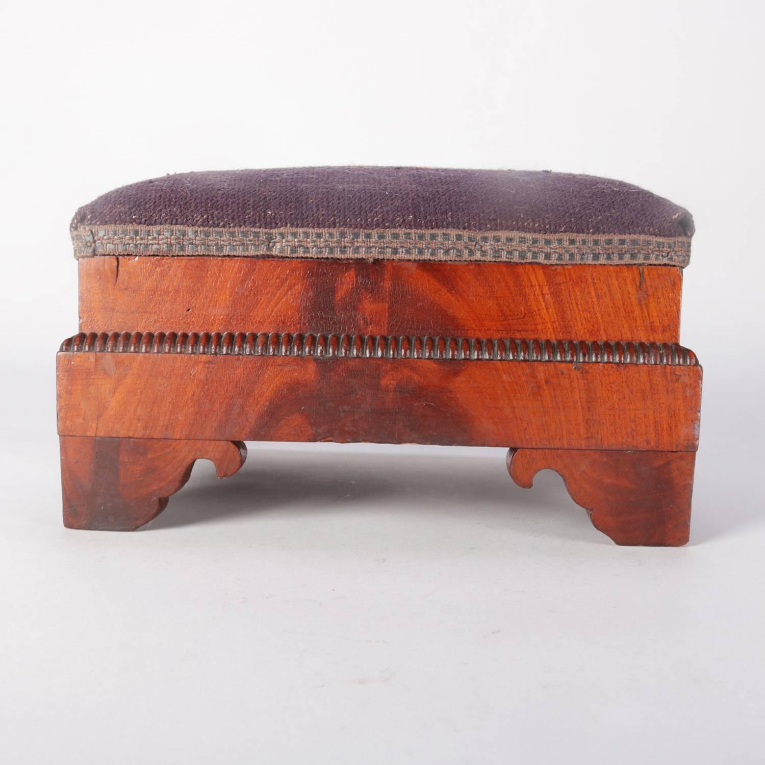 19th Century Antique American Empire Flame Mahogany Floral Needlepoint Foot Stool, circa 1850