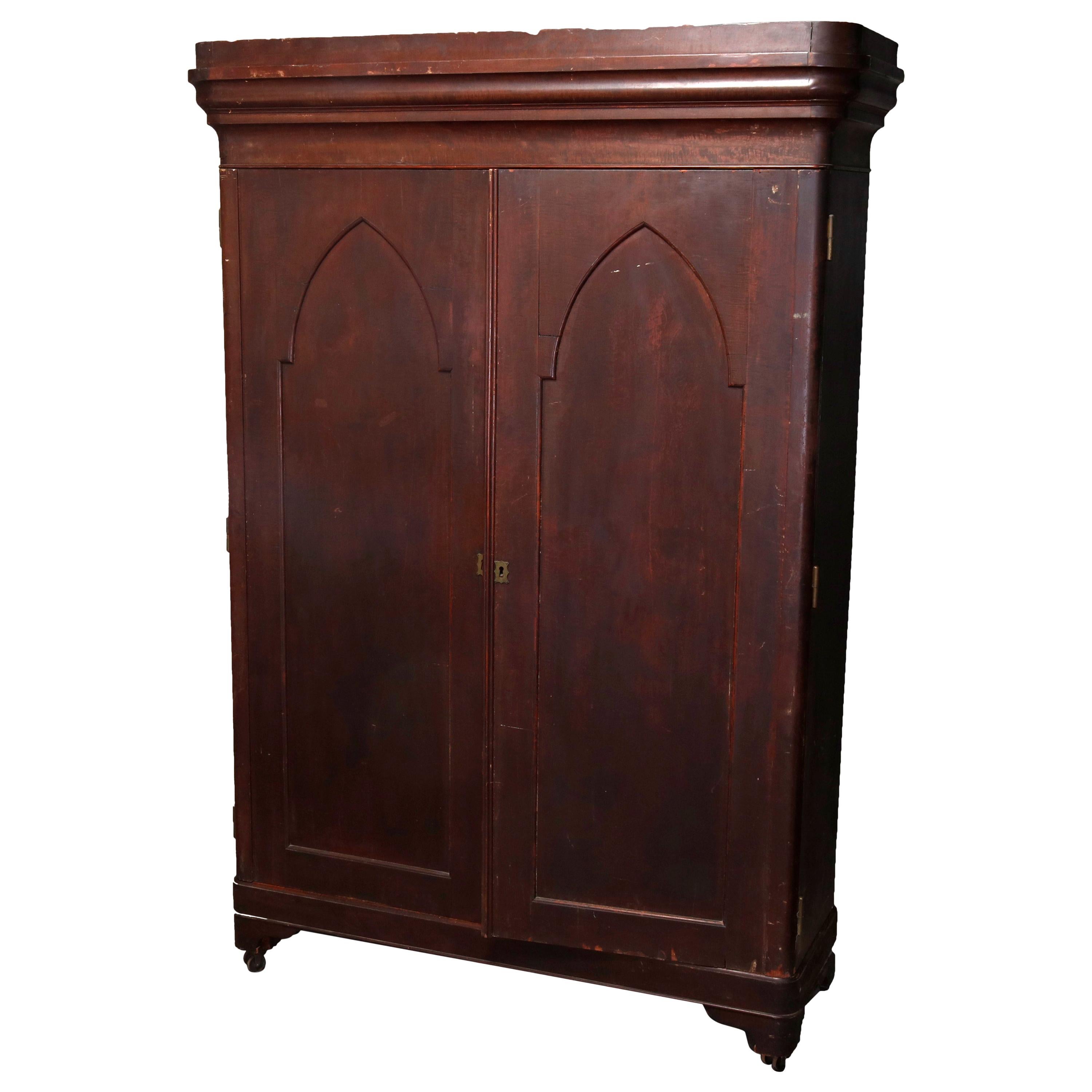 Antique American Empire Flame Mahogany Gothic Style Double Door Armoire