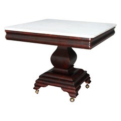  Antique American Empire Flame Mahogany and Marble Pedestal Center Table