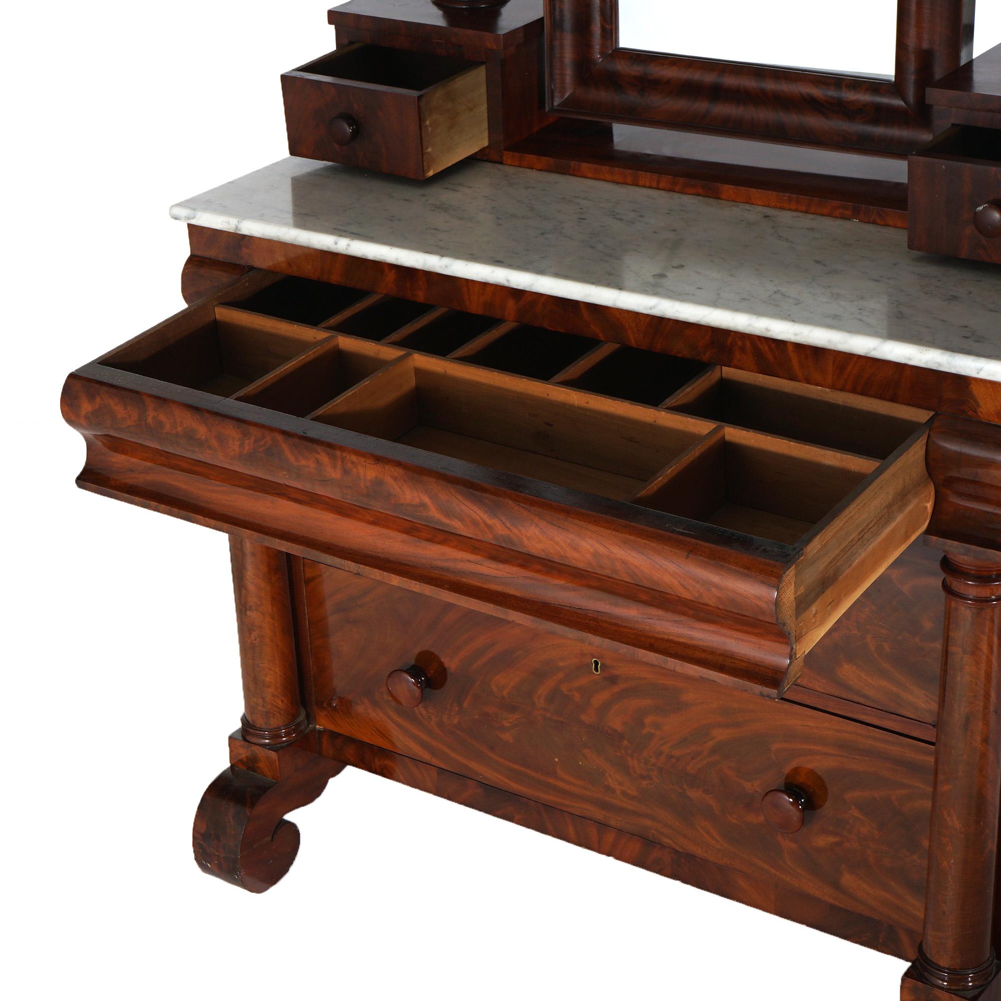 Antique American Empire Flame Mahogany Marble Top Dresser & Mirror c1840 7