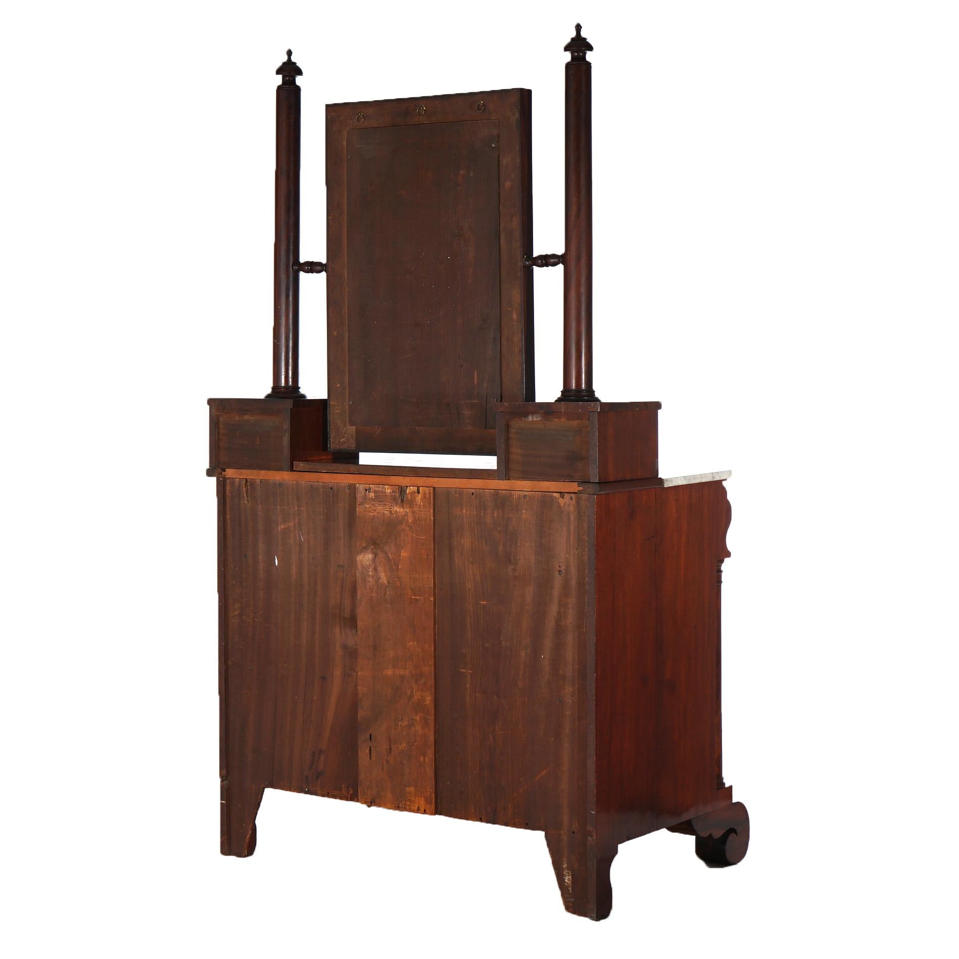 Antique American Empire Flame Mahogany Marble Top Dresser & Mirror c1840 10