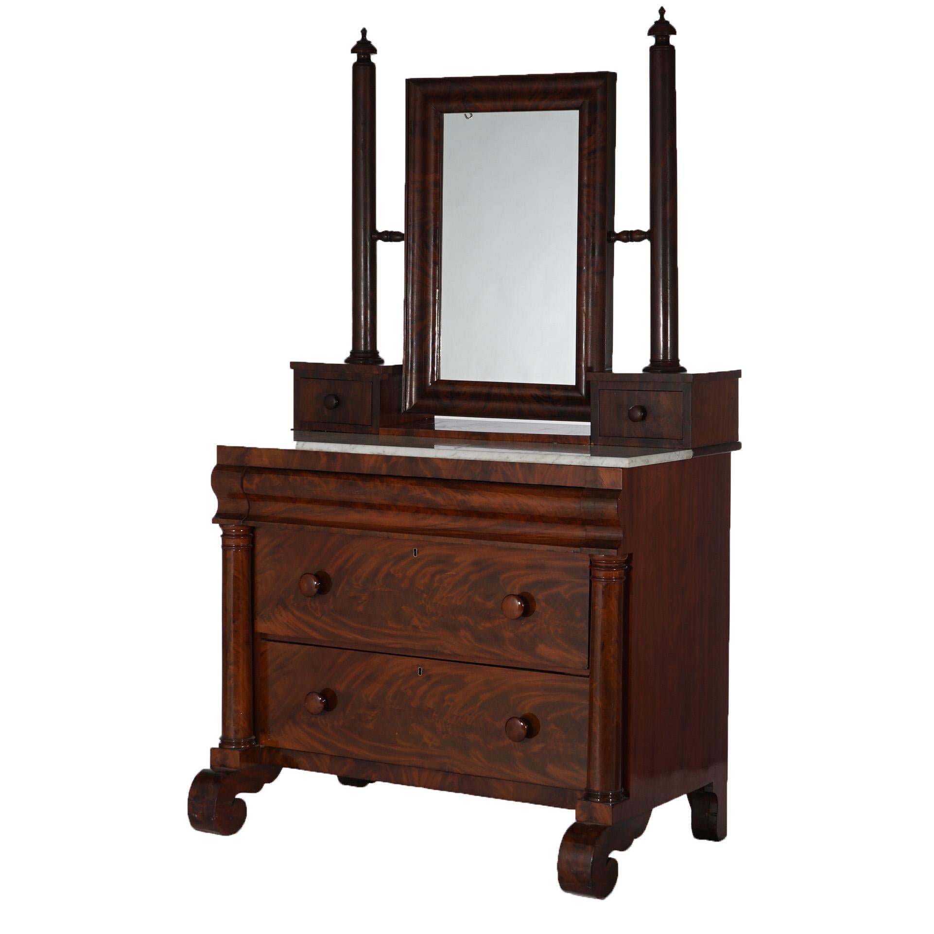 ***Reduced Delivery Rates - See Below or Click “Ask The Seller” to Request a Quote***

Antique American Empire Flame Mahogany Marble Top Dresser with Mirror, Glove Boxes, and Scroll Feet c1840 

Measures - 76