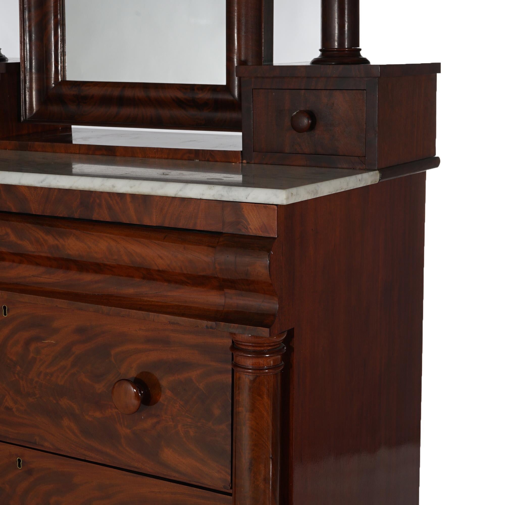 19th Century Antique American Empire Flame Mahogany Marble Top Dresser & Mirror c1840
