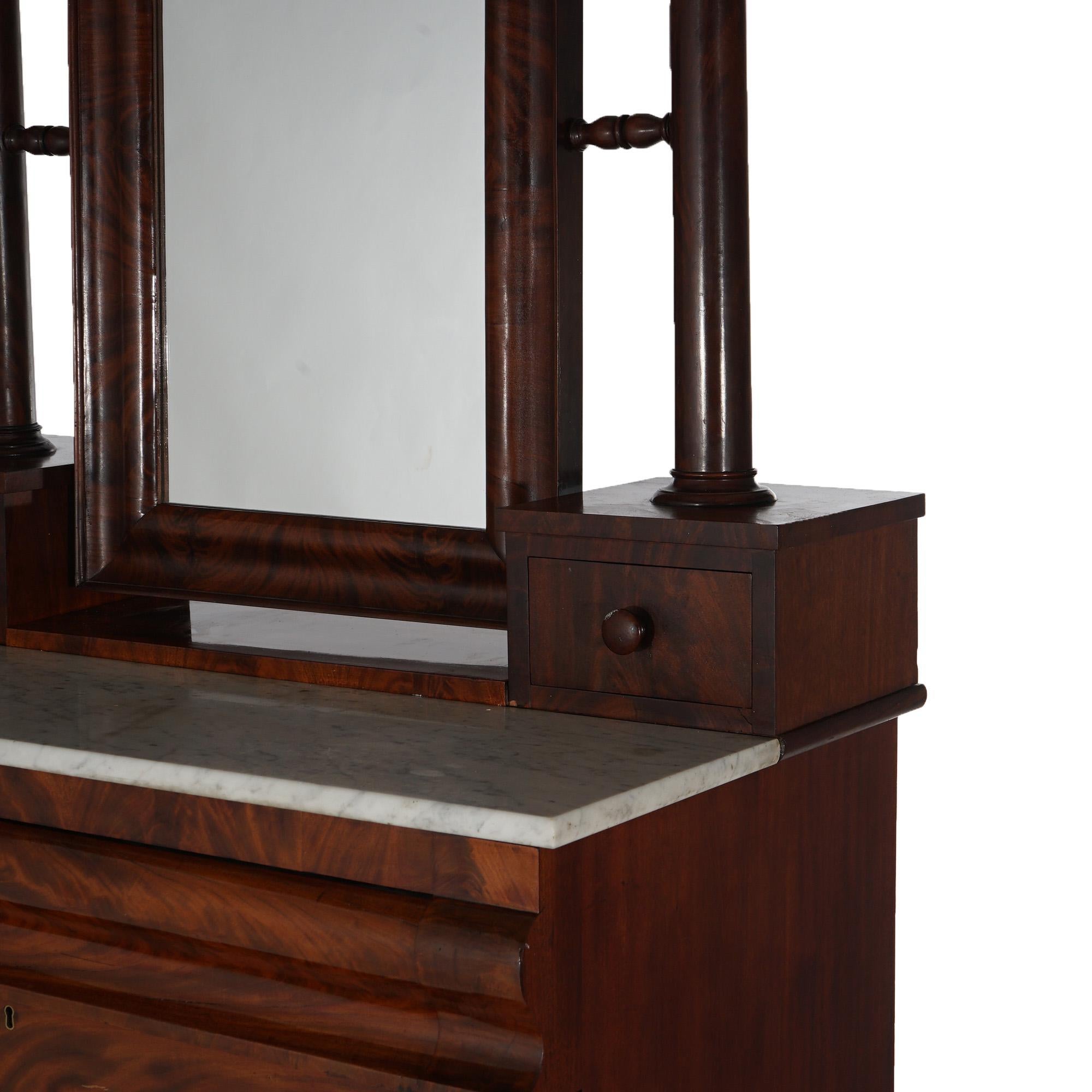 Antique American Empire Flame Mahogany Marble Top Dresser & Mirror c1840 1