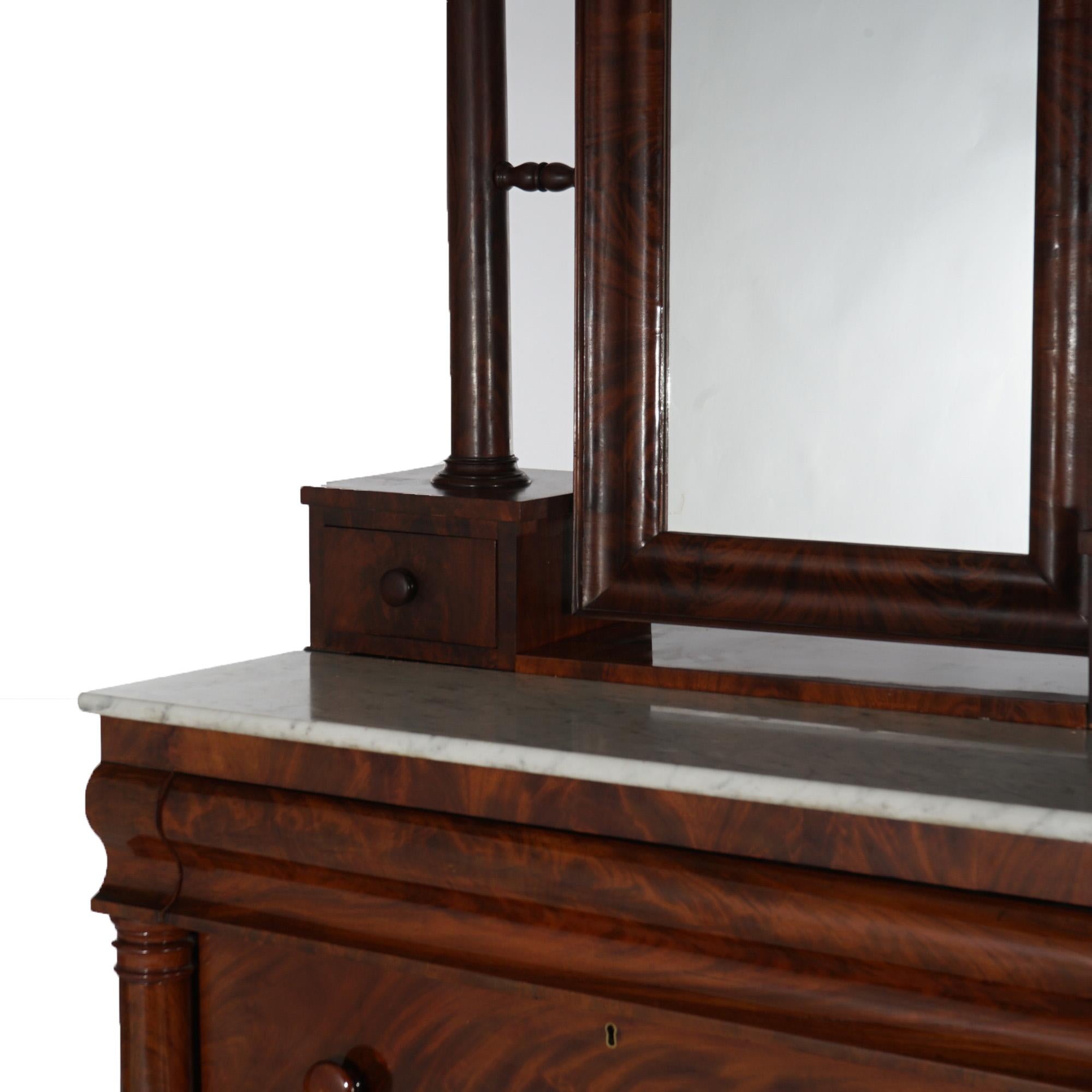 Antique American Empire Flame Mahogany Marble Top Dresser & Mirror c1840 4