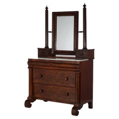 Antique American Empire Flame Mahogany Marble Top Dresser & Mirror c1840