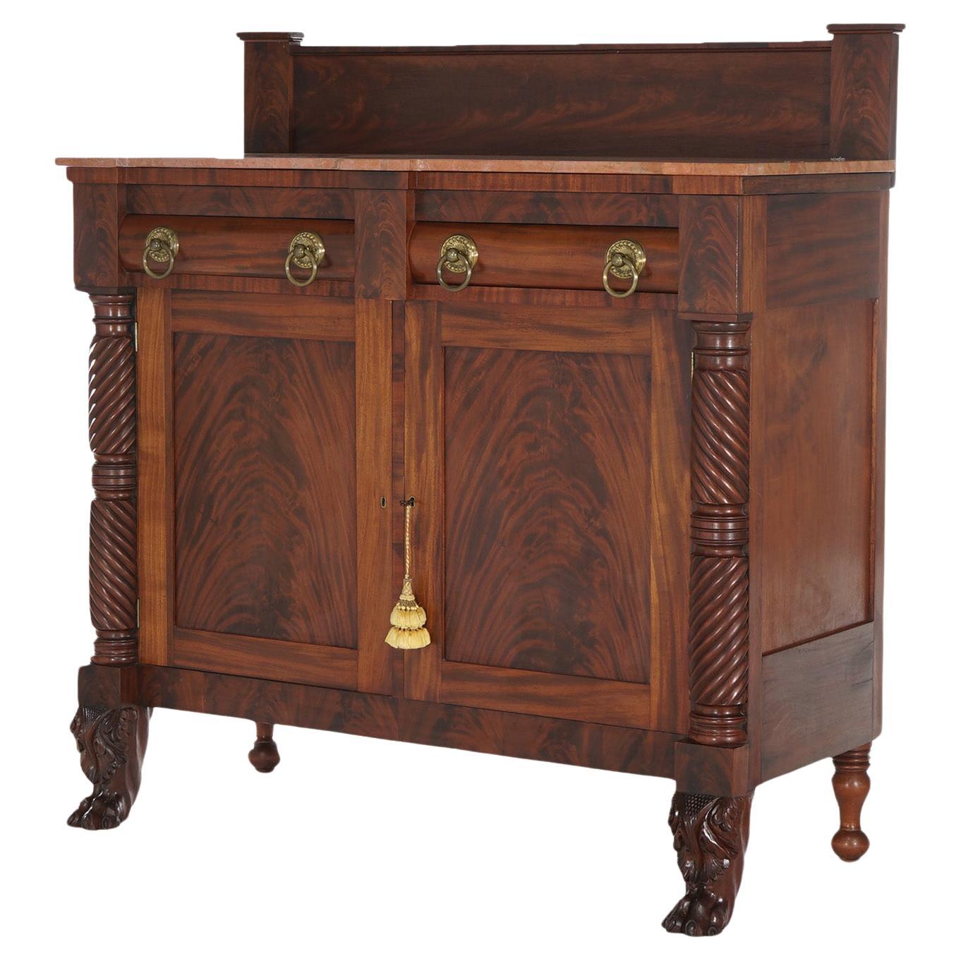 Antique American Empire Flame Mahogany Marble Top Linen Press Sideboard C1840 For Sale