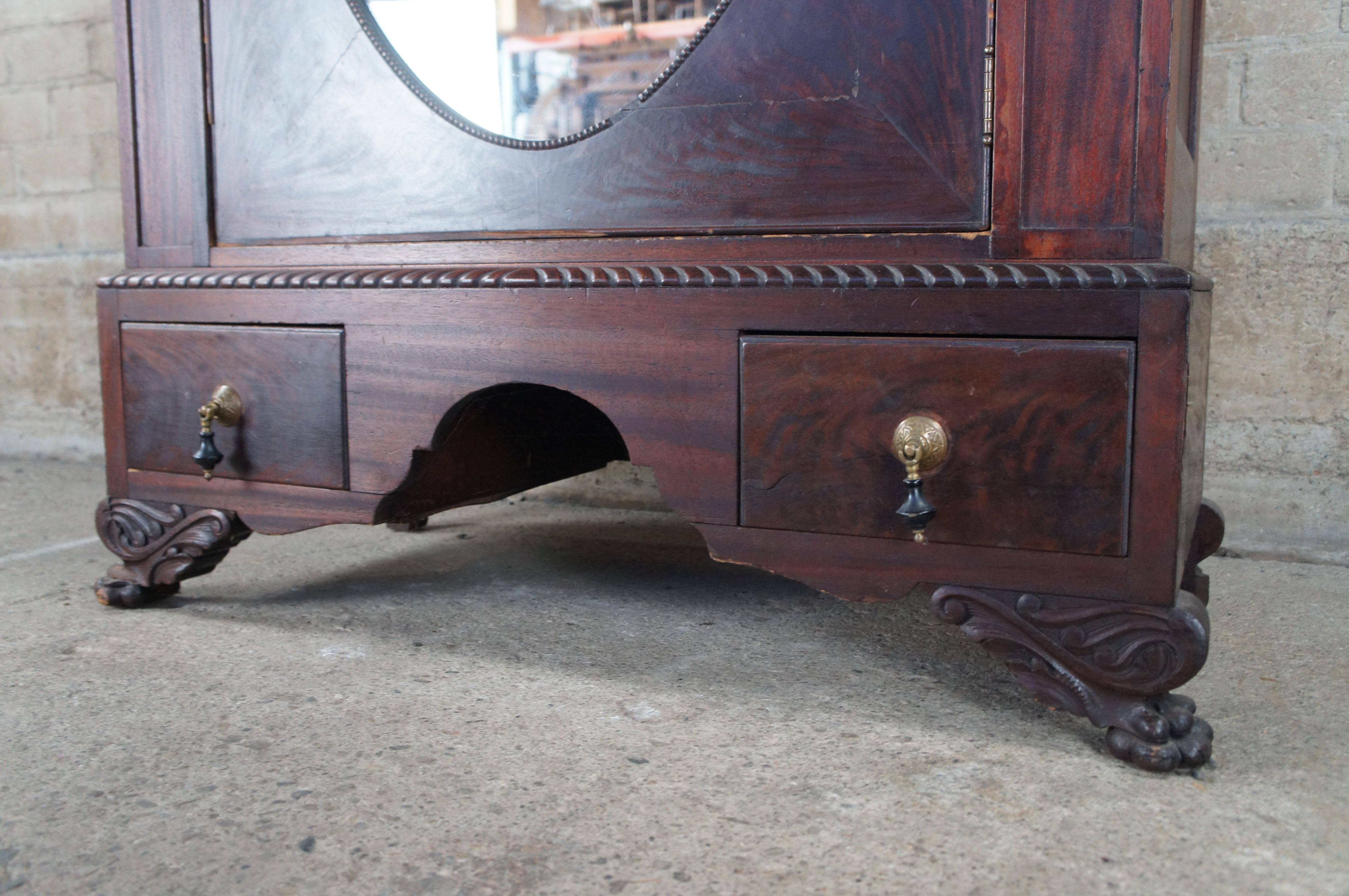 20th Century Antique American Empire Flame Mahogany Mirrored Clothing Armoire Wardrobe 84