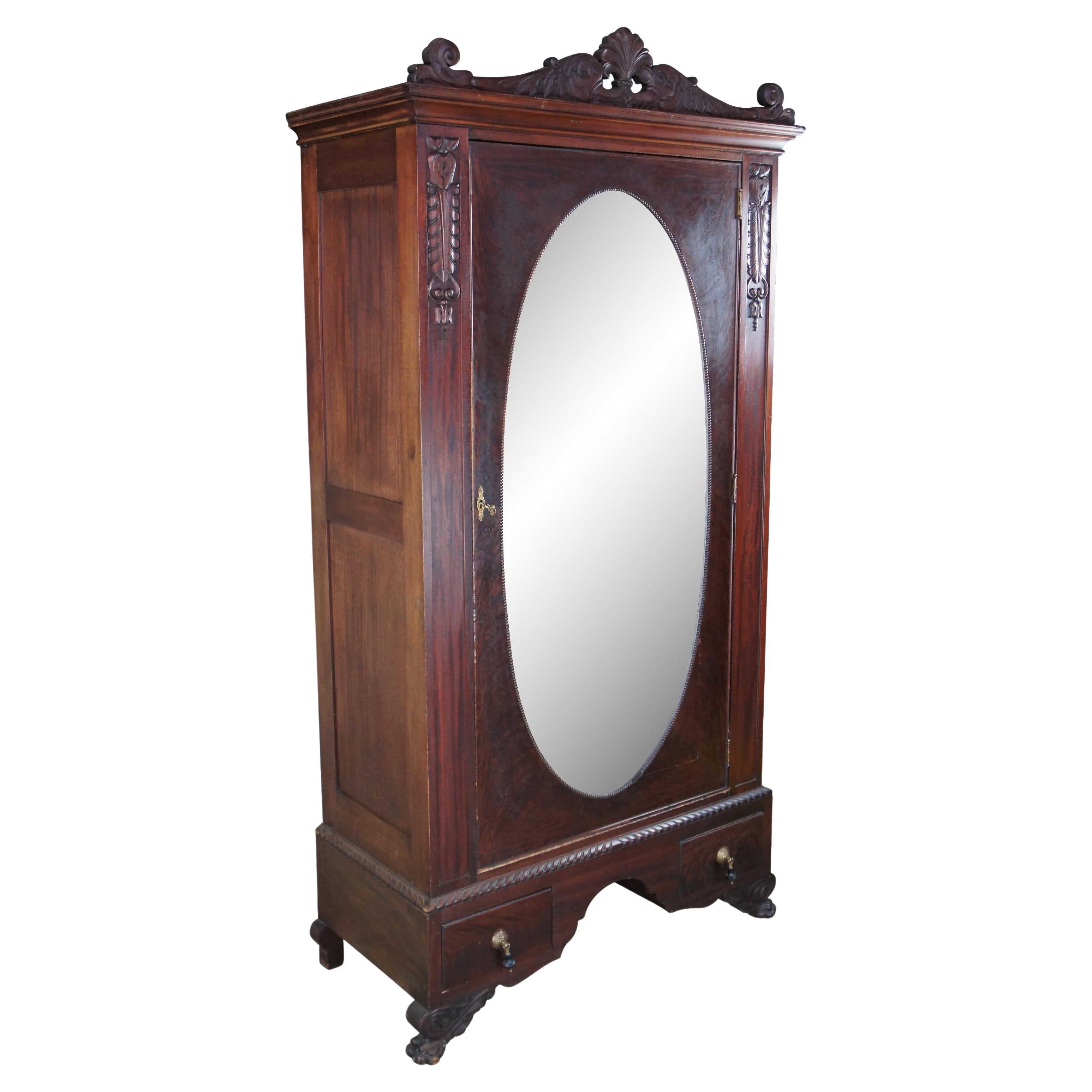 Antique American Empire Flame Mahogany Mirrored Clothing Armoire Wardrobe 84"