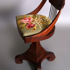 Antique American Empire Flame Mahogany & Needlepoint Piano Seat, circa 1840