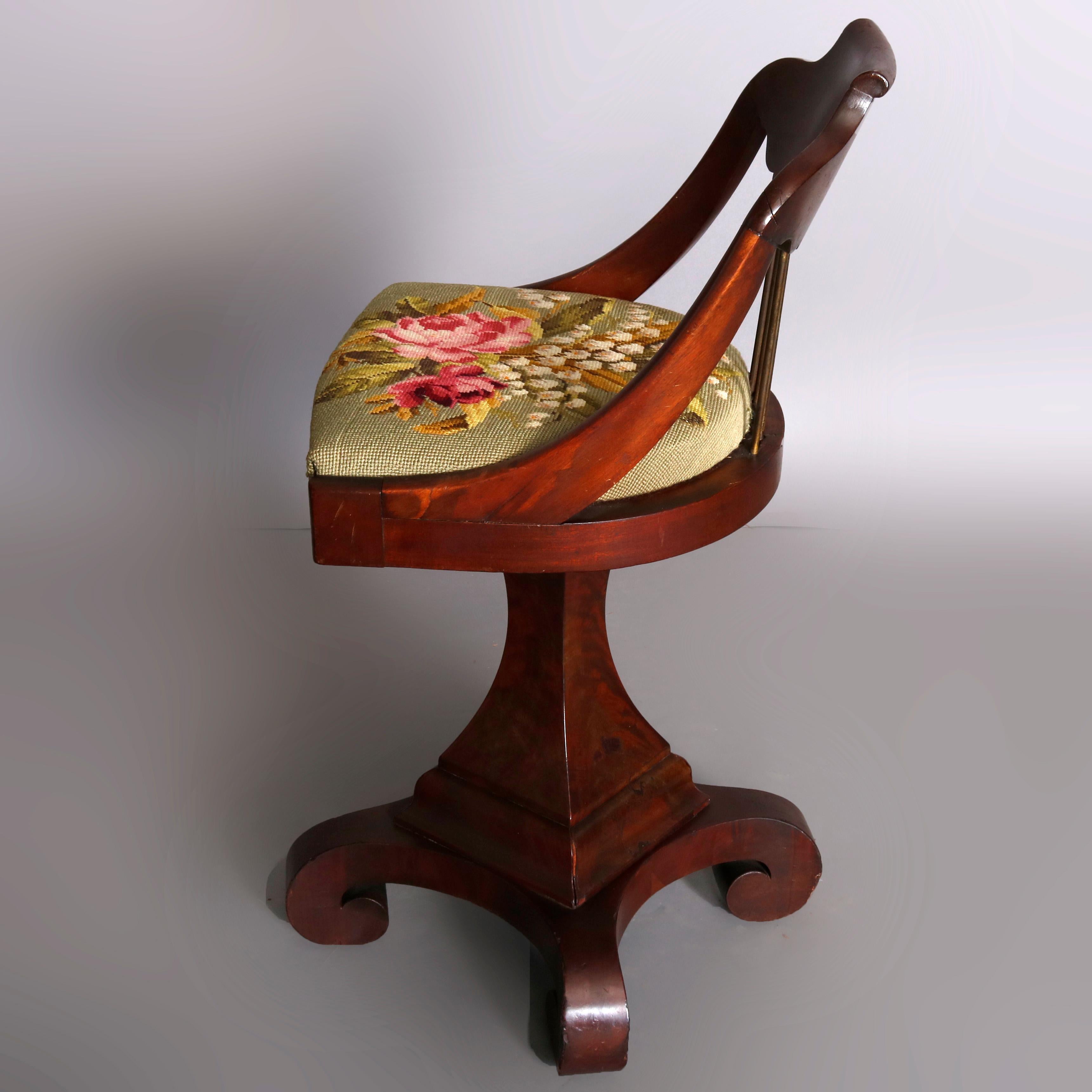 19th Century Antique American Empire Flame Mahogany & Needlepoint Piano Seat, circa 1840