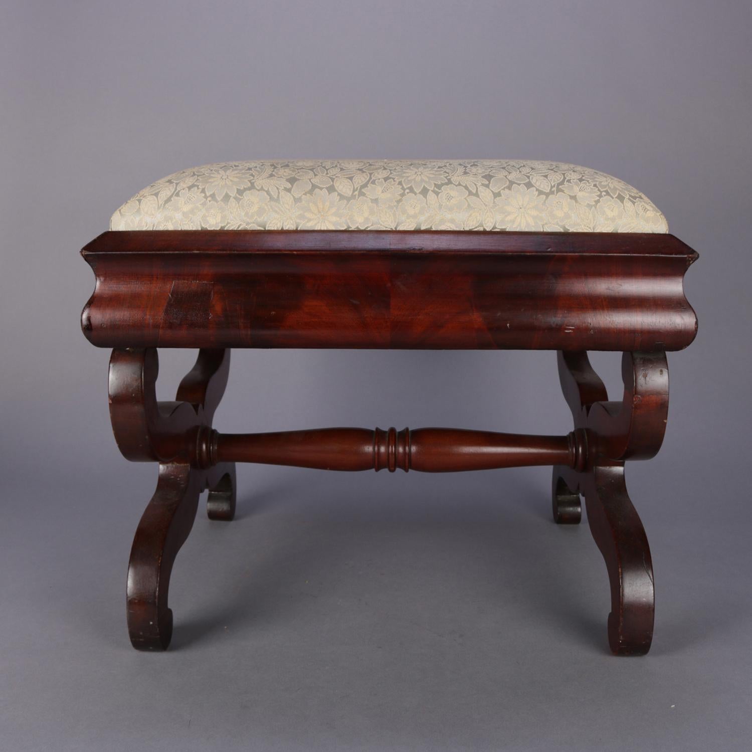 Antique American Empire Flame Mahogany Ogee Upholstered Footstool, circa 1840 In Good Condition In Big Flats, NY