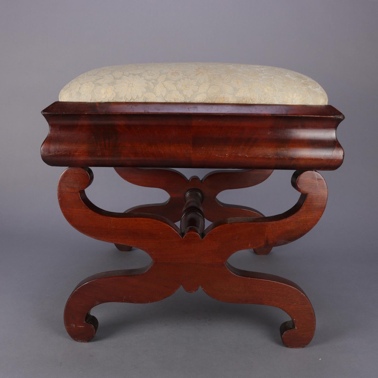 19th Century Antique American Empire Flame Mahogany Ogee Upholstered Footstool, circa 1840