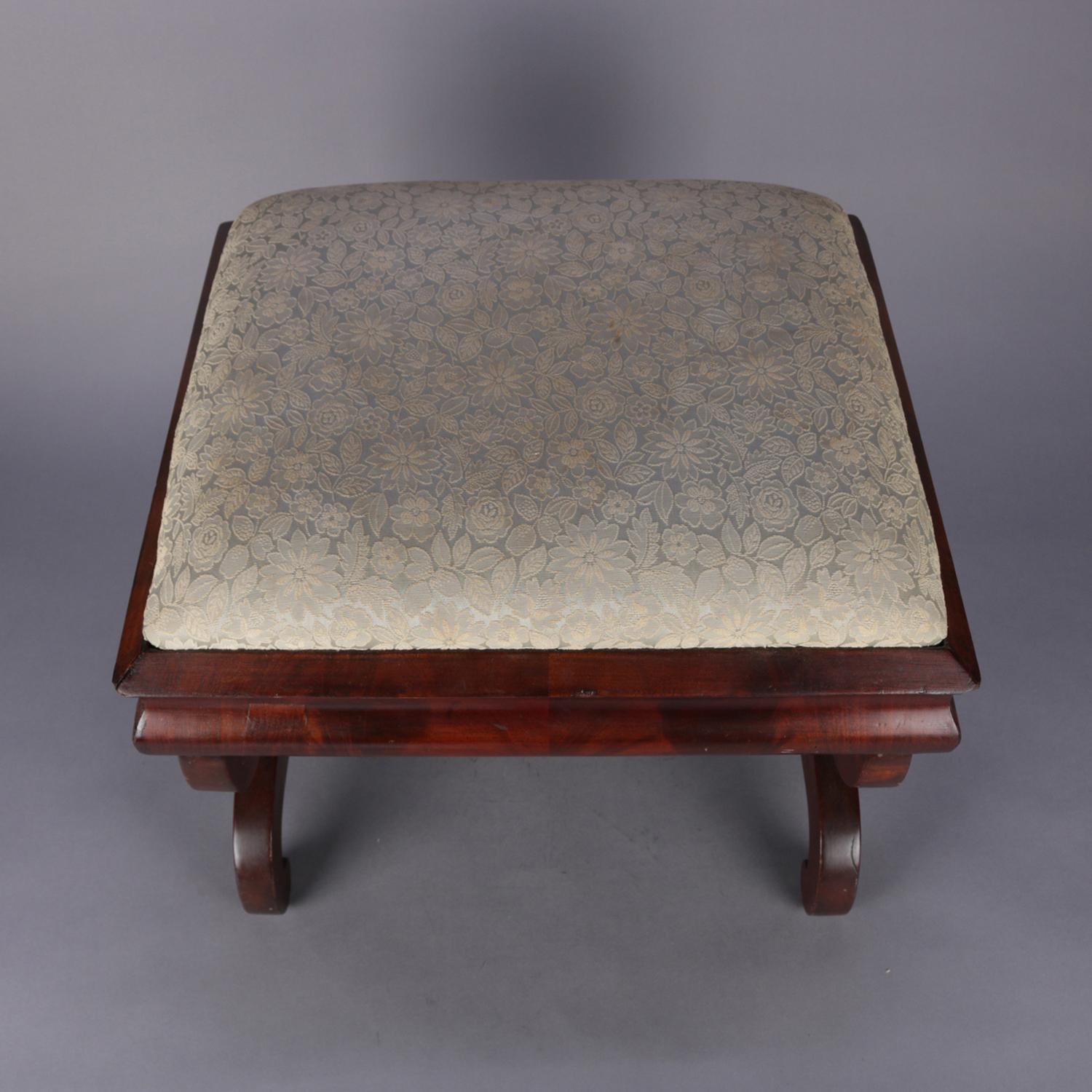 Upholstery Antique American Empire Flame Mahogany Ogee Upholstered Footstool, circa 1840
