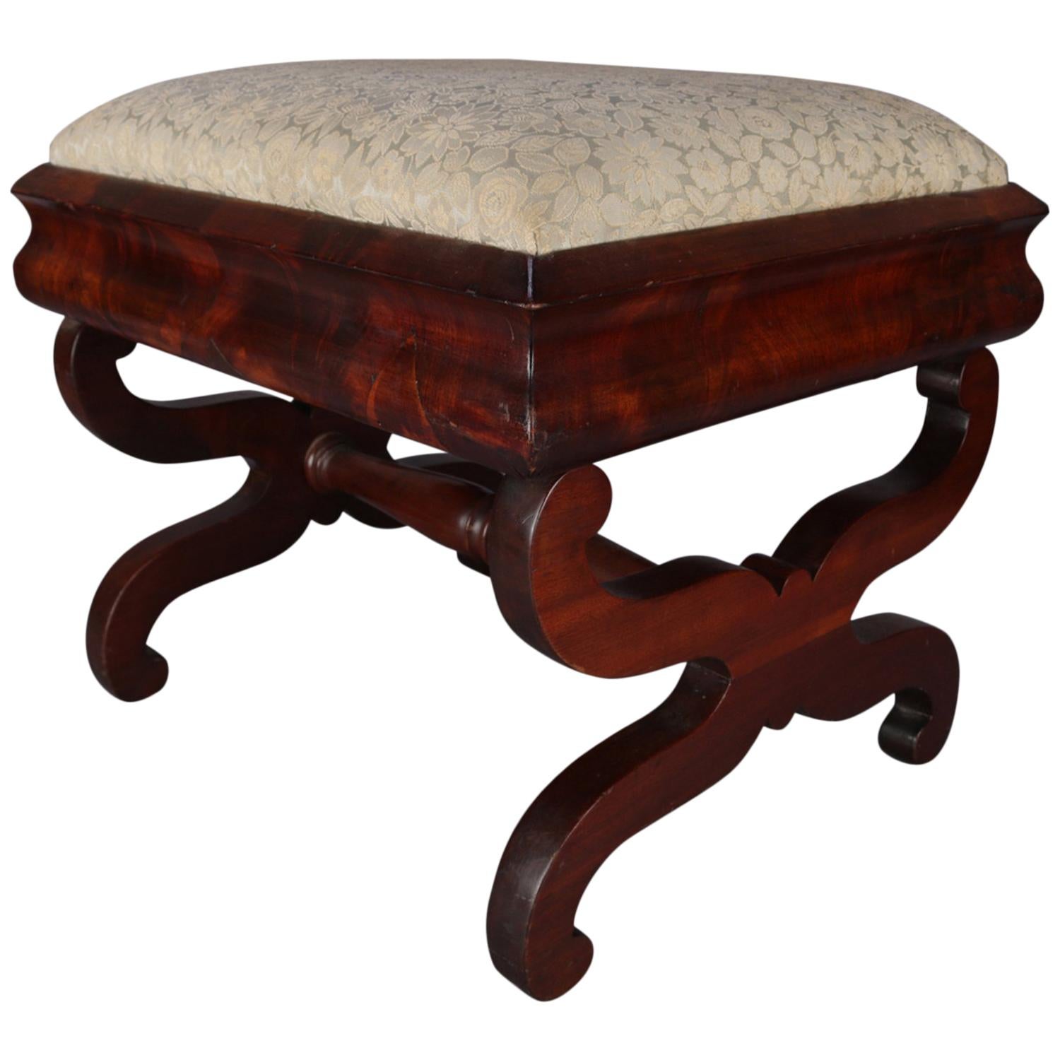 Antique American Empire Flame Mahogany Ogee Upholstered Footstool, circa 1840