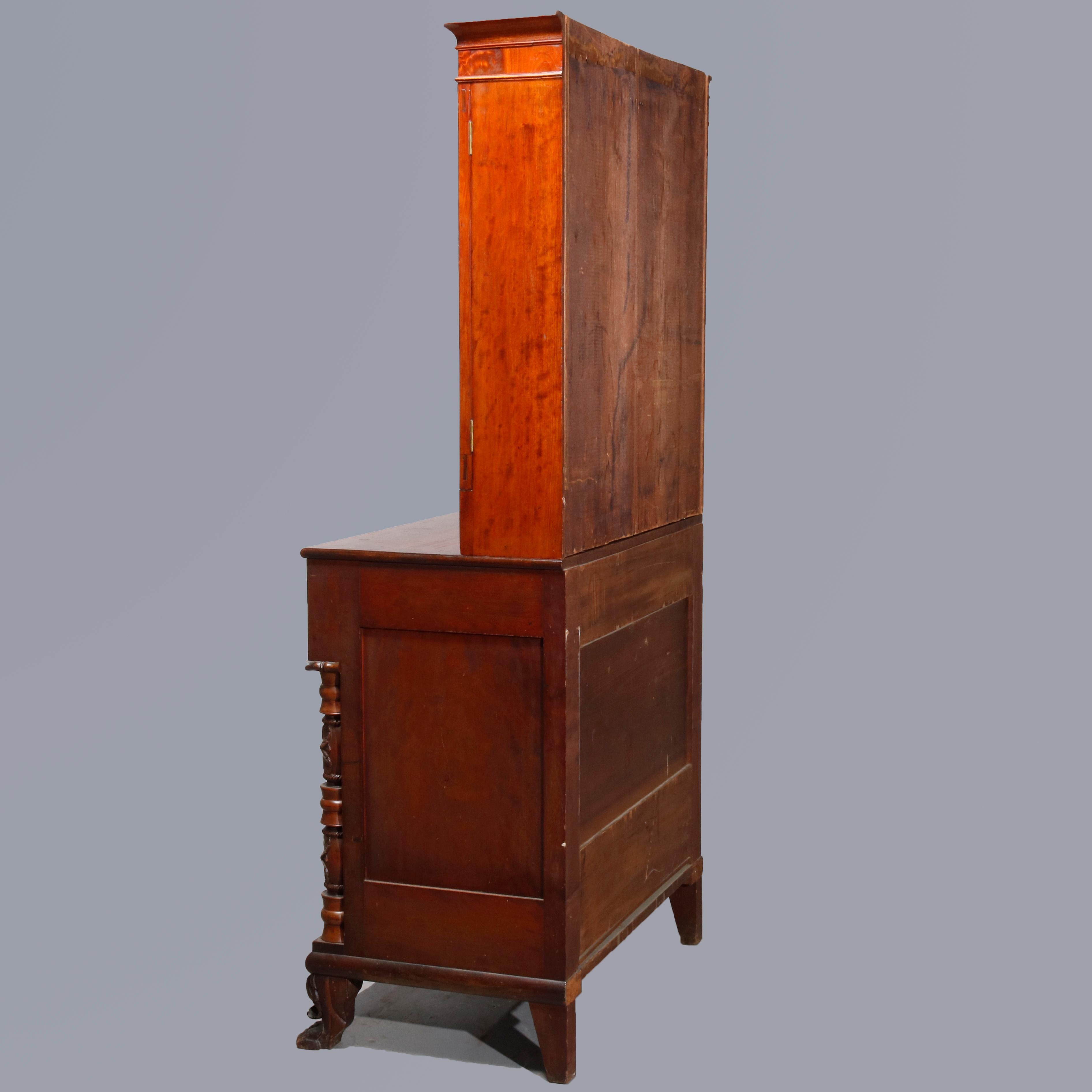 Carved Antique American Empire Flame Mahogany Quervelle School Bookcase on Chest, c1840