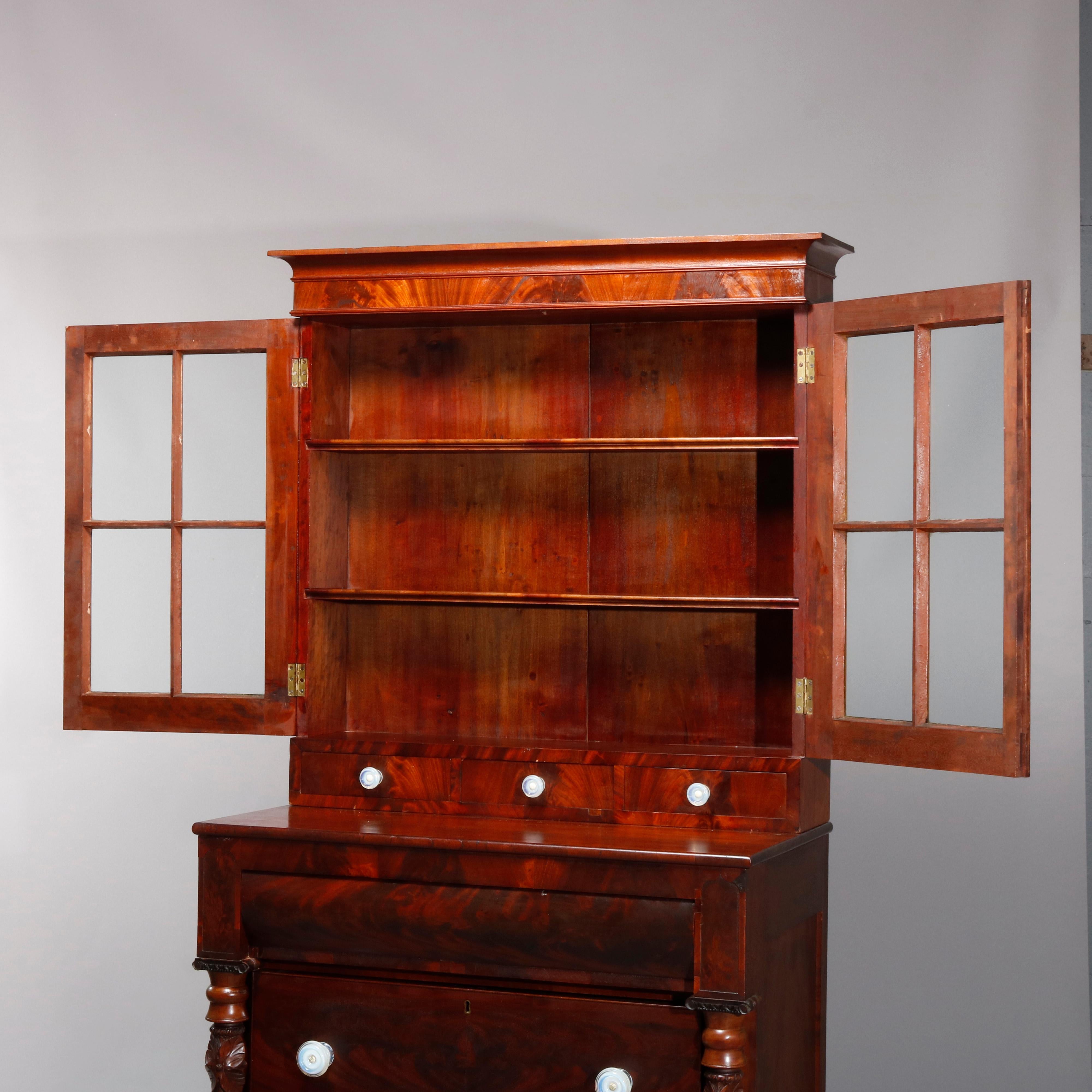 19th Century Antique American Empire Flame Mahogany Quervelle School Bookcase on Chest, c1840
