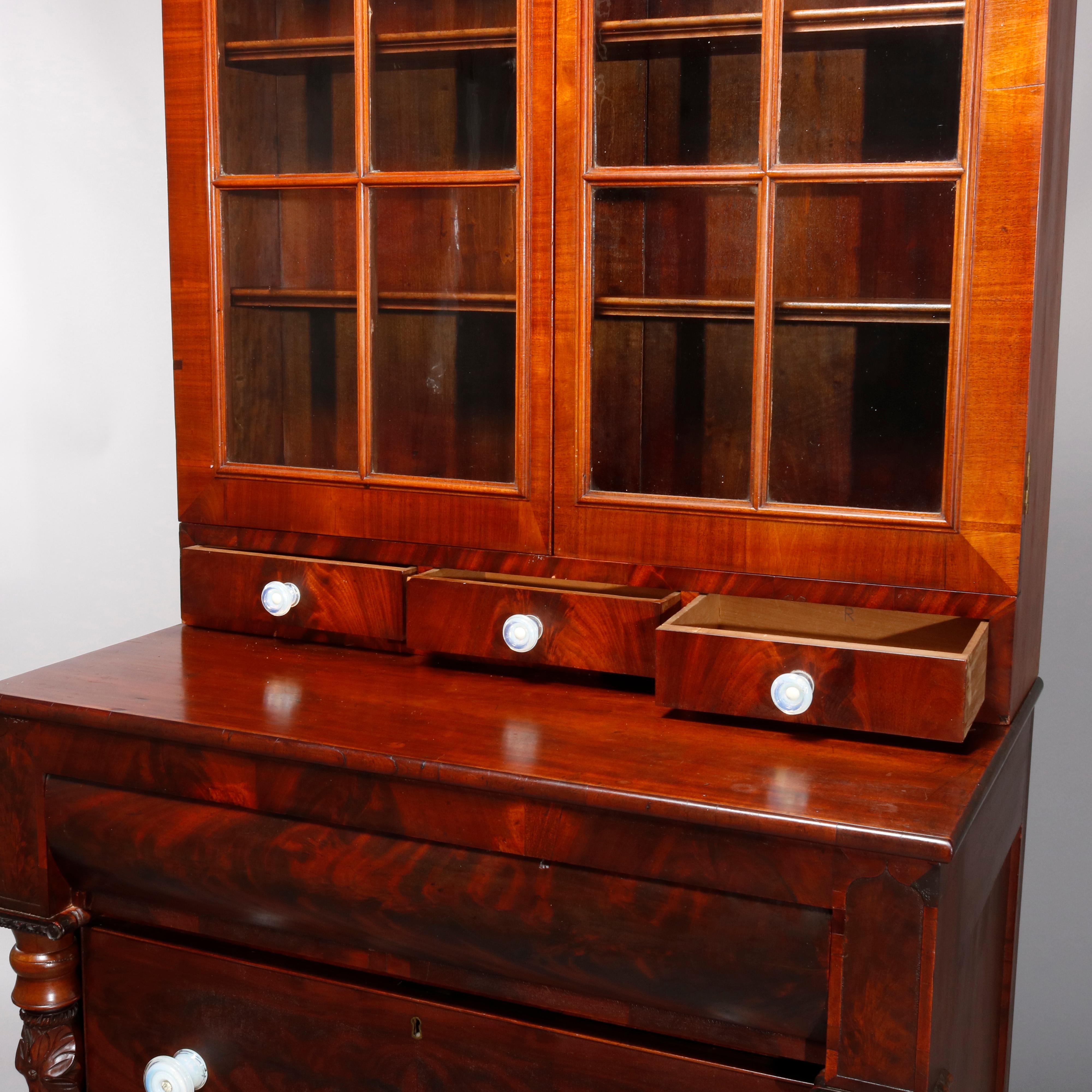 Glass Antique American Empire Flame Mahogany Quervelle School Bookcase on Chest, c1840