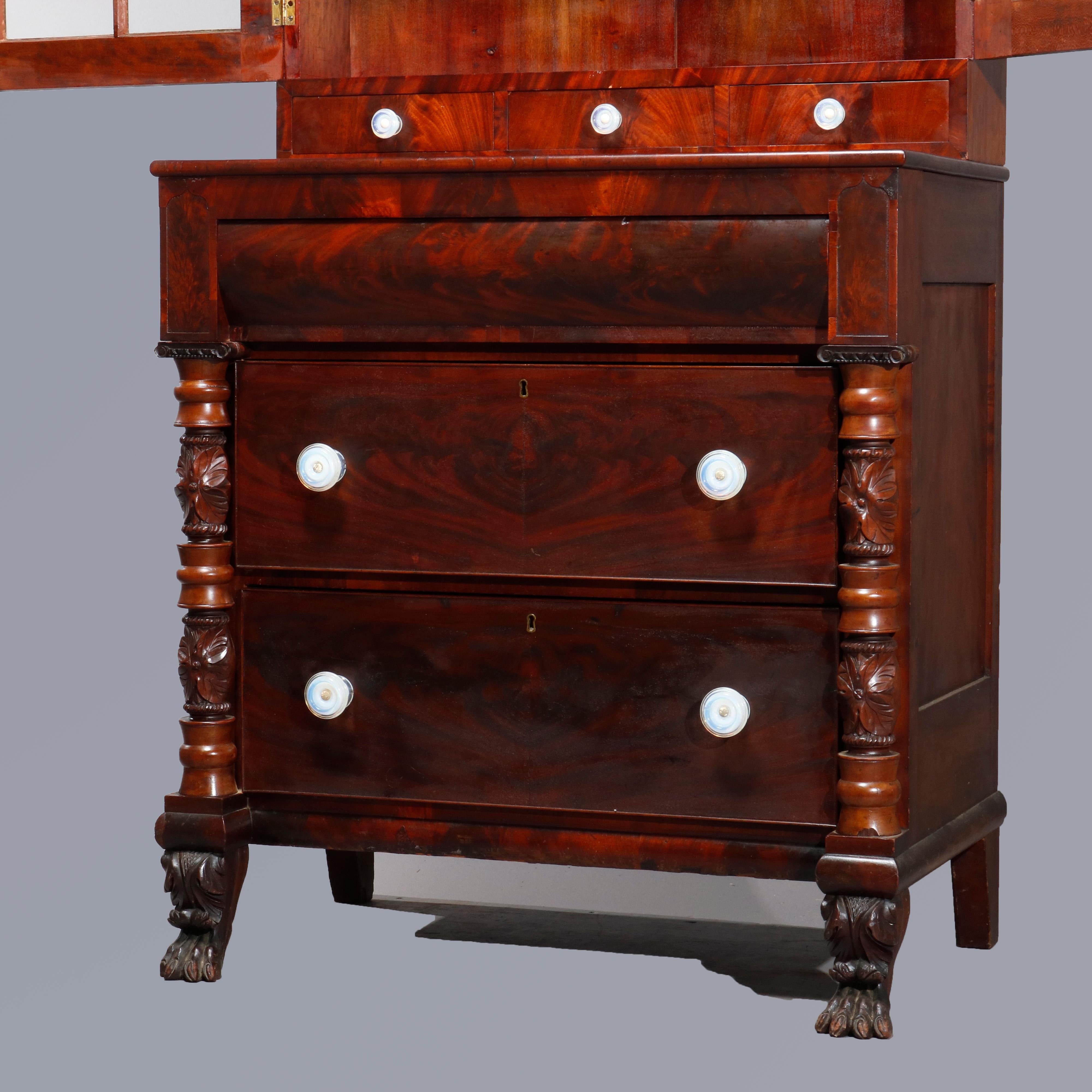 Antique American Empire Flame Mahogany Quervelle School Bookcase on Chest, c1840 1