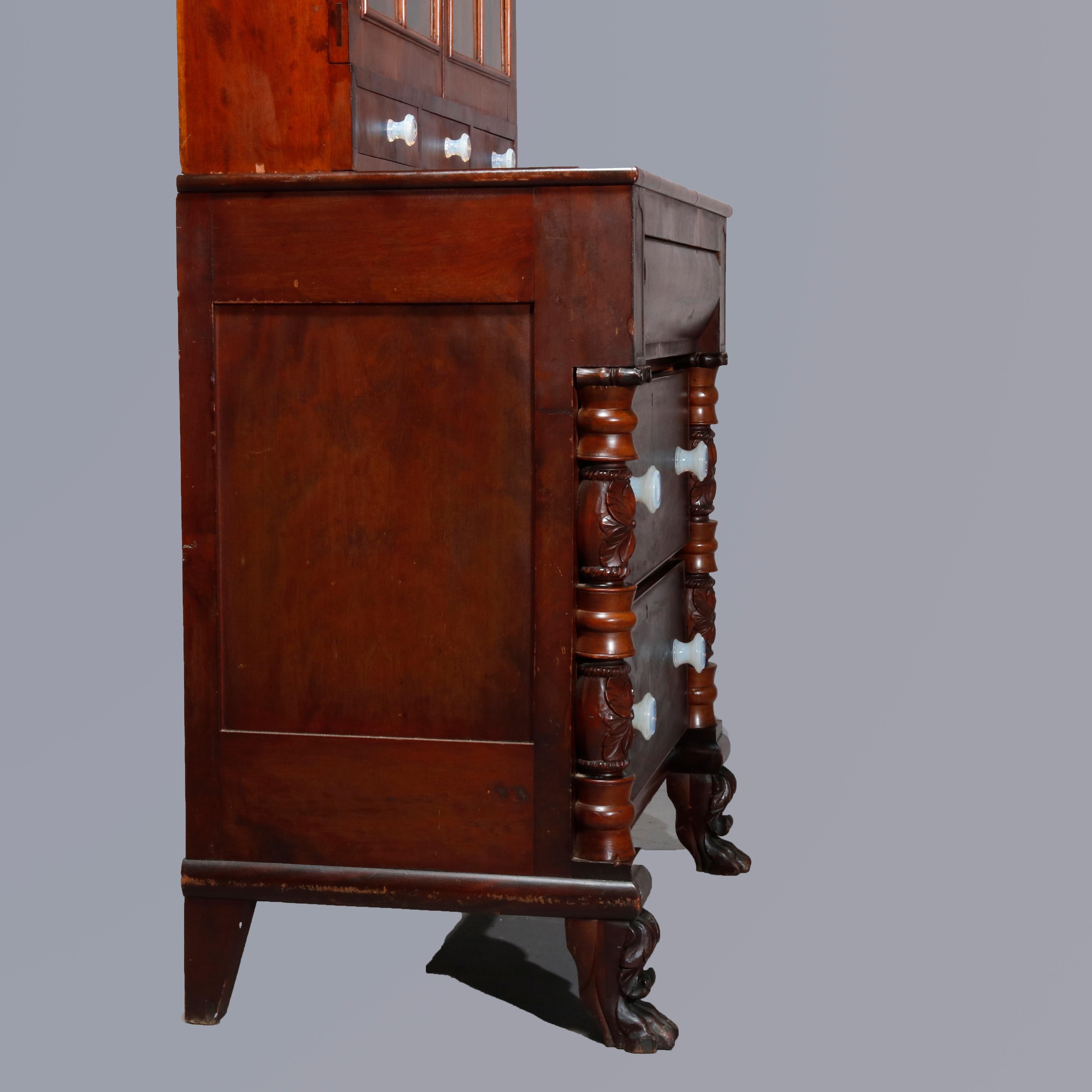 Antique American Empire Flame Mahogany Quervelle School Bookcase on Chest, c1840 3