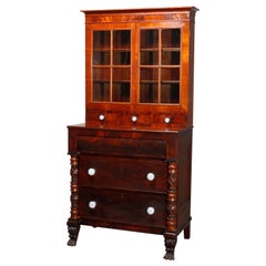 Antique American Empire Flame Mahogany Quervelle School Bookcase on Chest, c1840