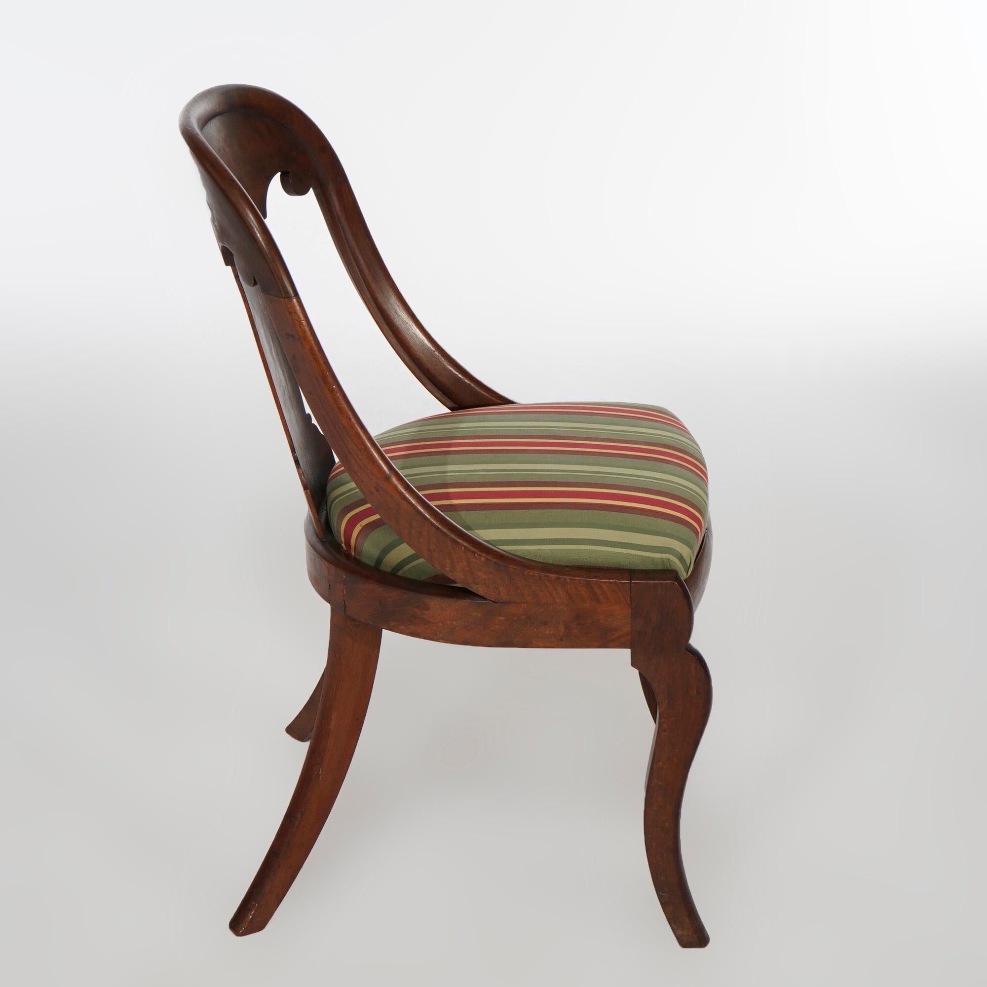 19th Century Antique American Empire Flame Mahogany Saber Leg Gondola Dining Chairs, C1840