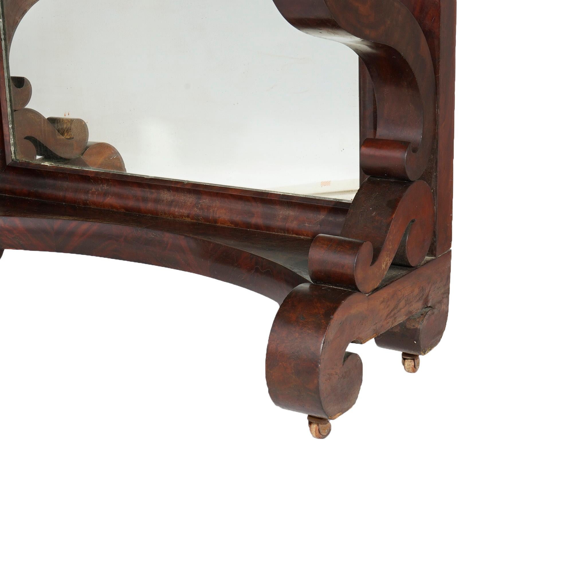 Antique American Empire Flame Mahogany Scroll Form Mirrored Pier Table, c1840 15