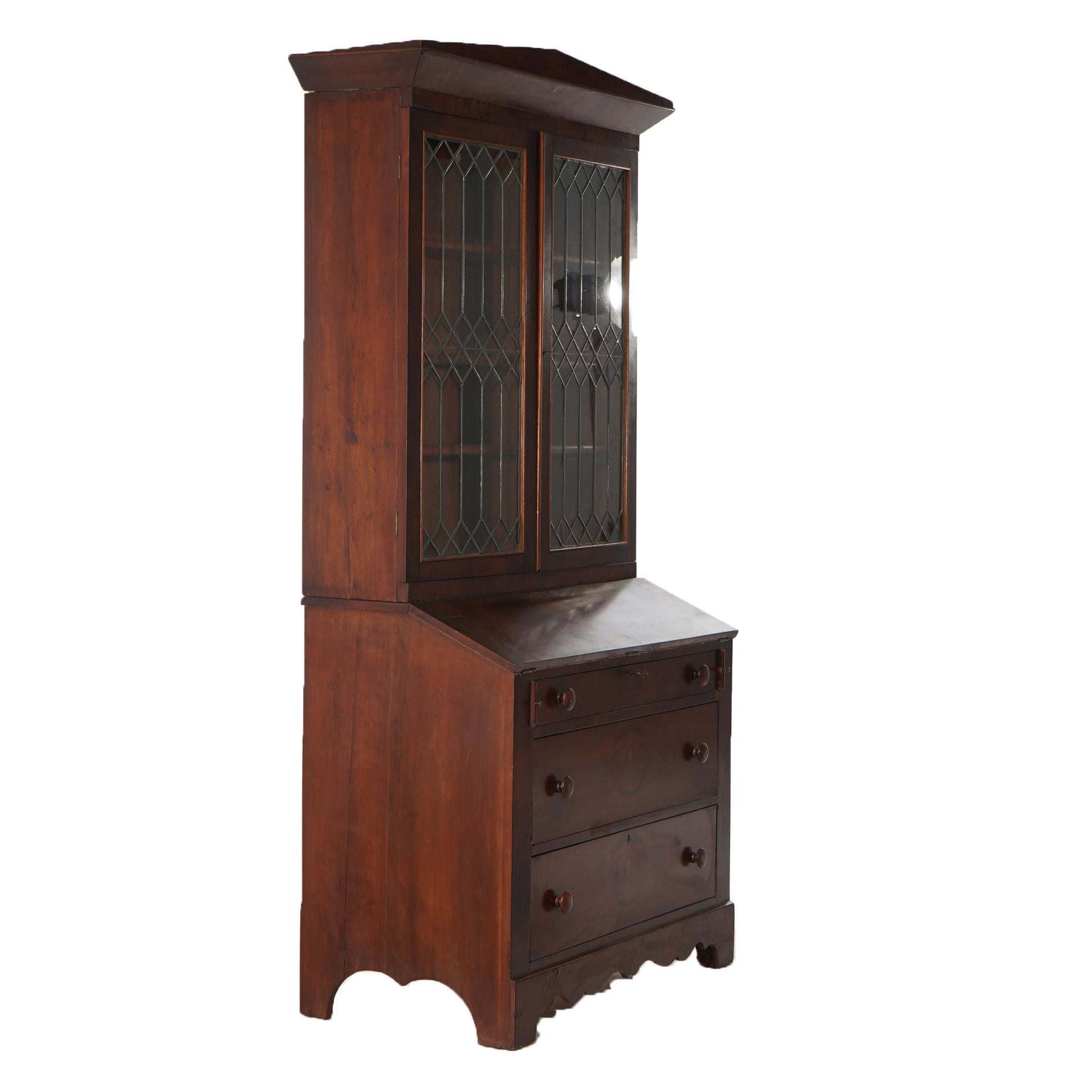 Antique American Empire Flame Mahogany Secretary Desk With Leaded Glass c1840 For Sale 12