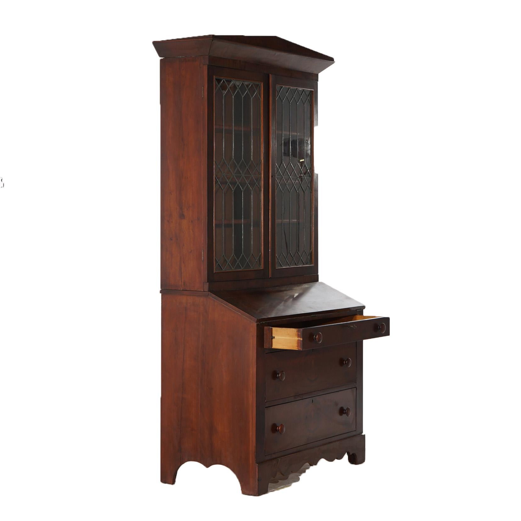 Antique American Empire Flame Mahogany Secretary Desk With Leaded Glass c1840 14