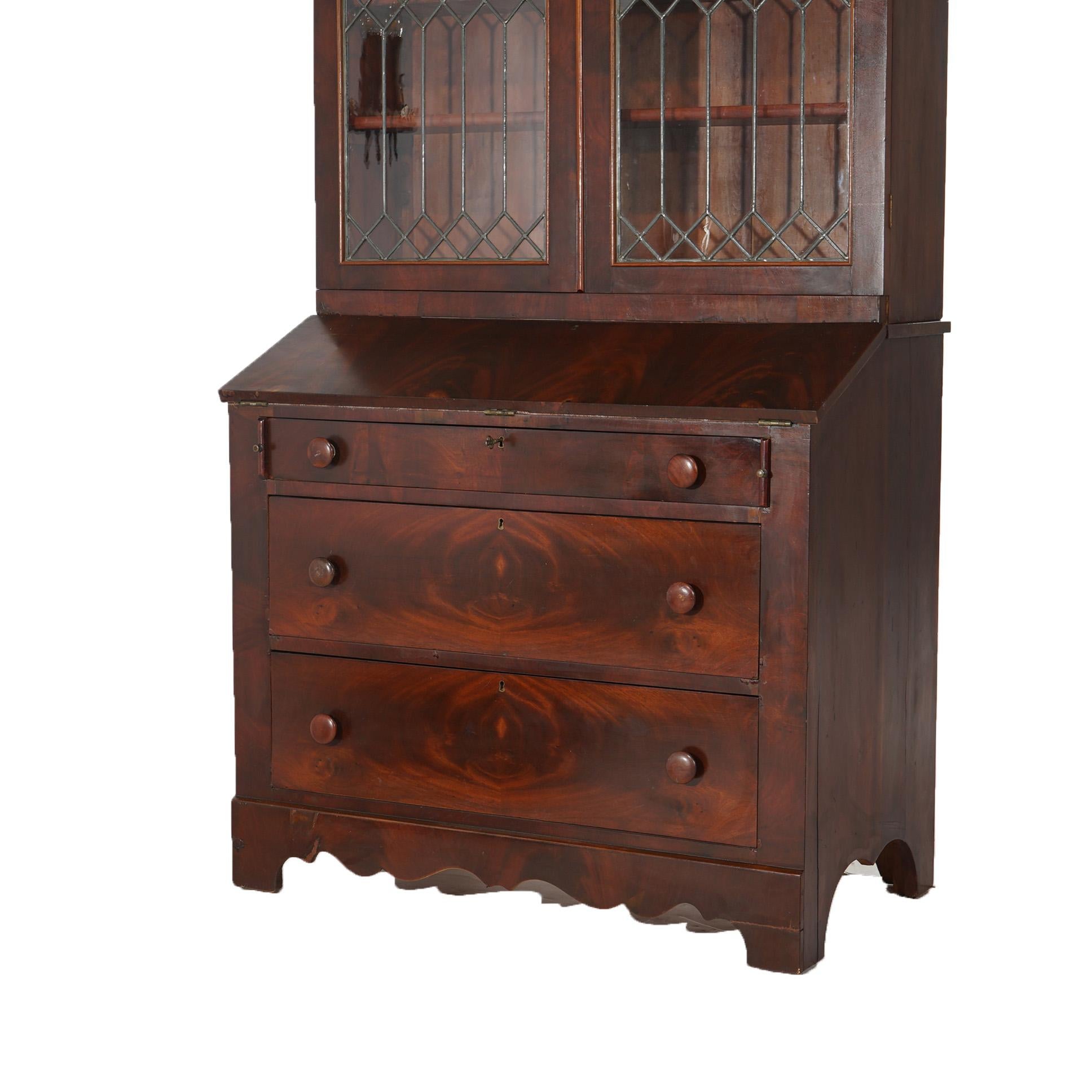 Antique American Empire Flame Mahogany Secretary Desk With Leaded Glass c1840 In Good Condition For Sale In Big Flats, NY