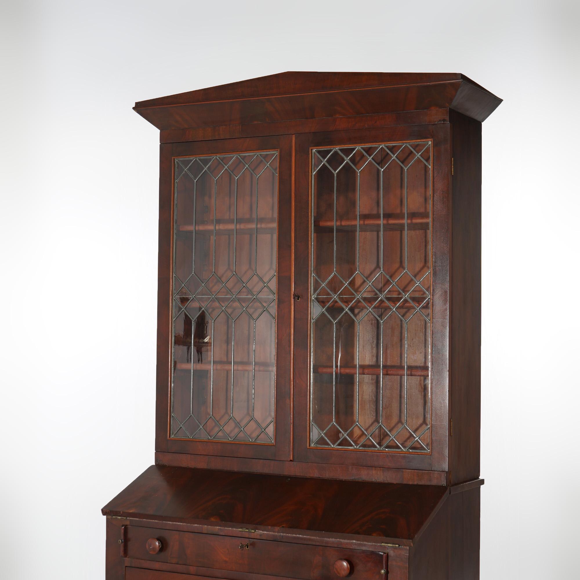 19th Century Antique American Empire Flame Mahogany Secretary Desk With Leaded Glass c1840 For Sale
