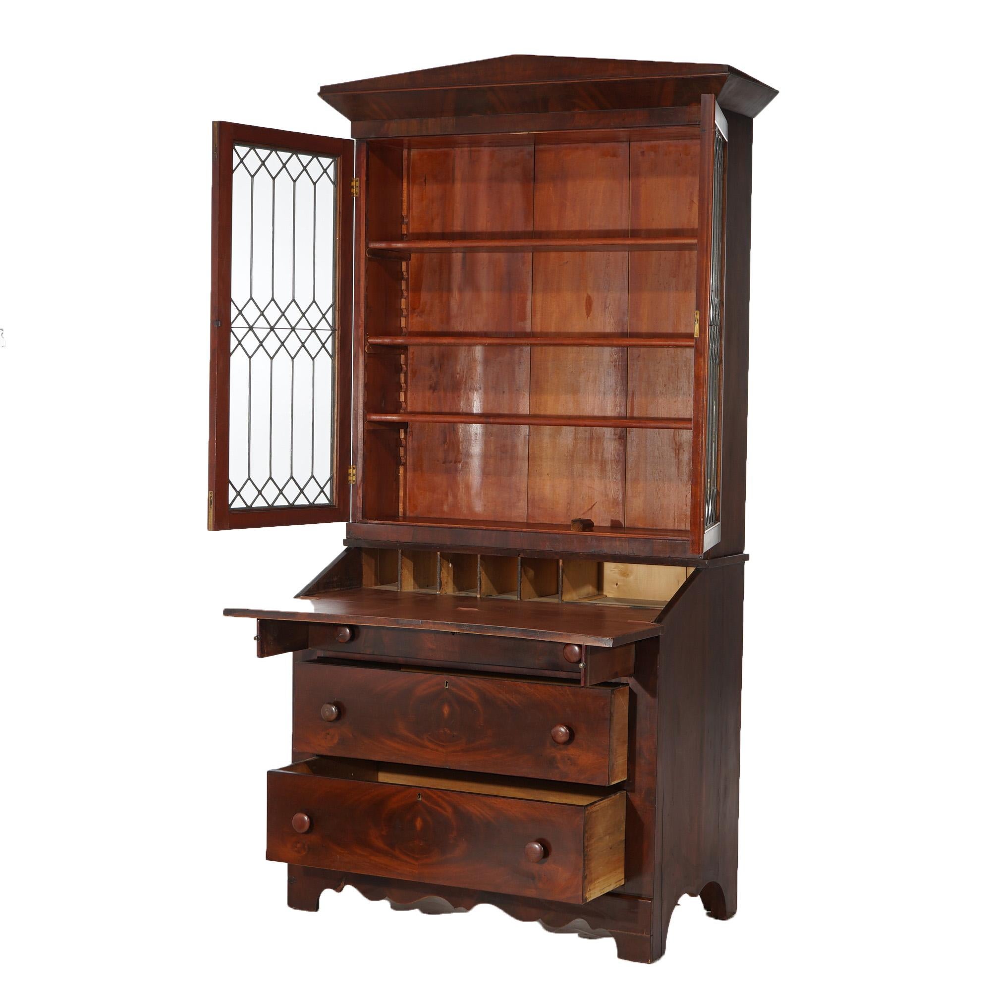 19th Century Antique American Empire Flame Mahogany Secretary Desk With Leaded Glass c1840