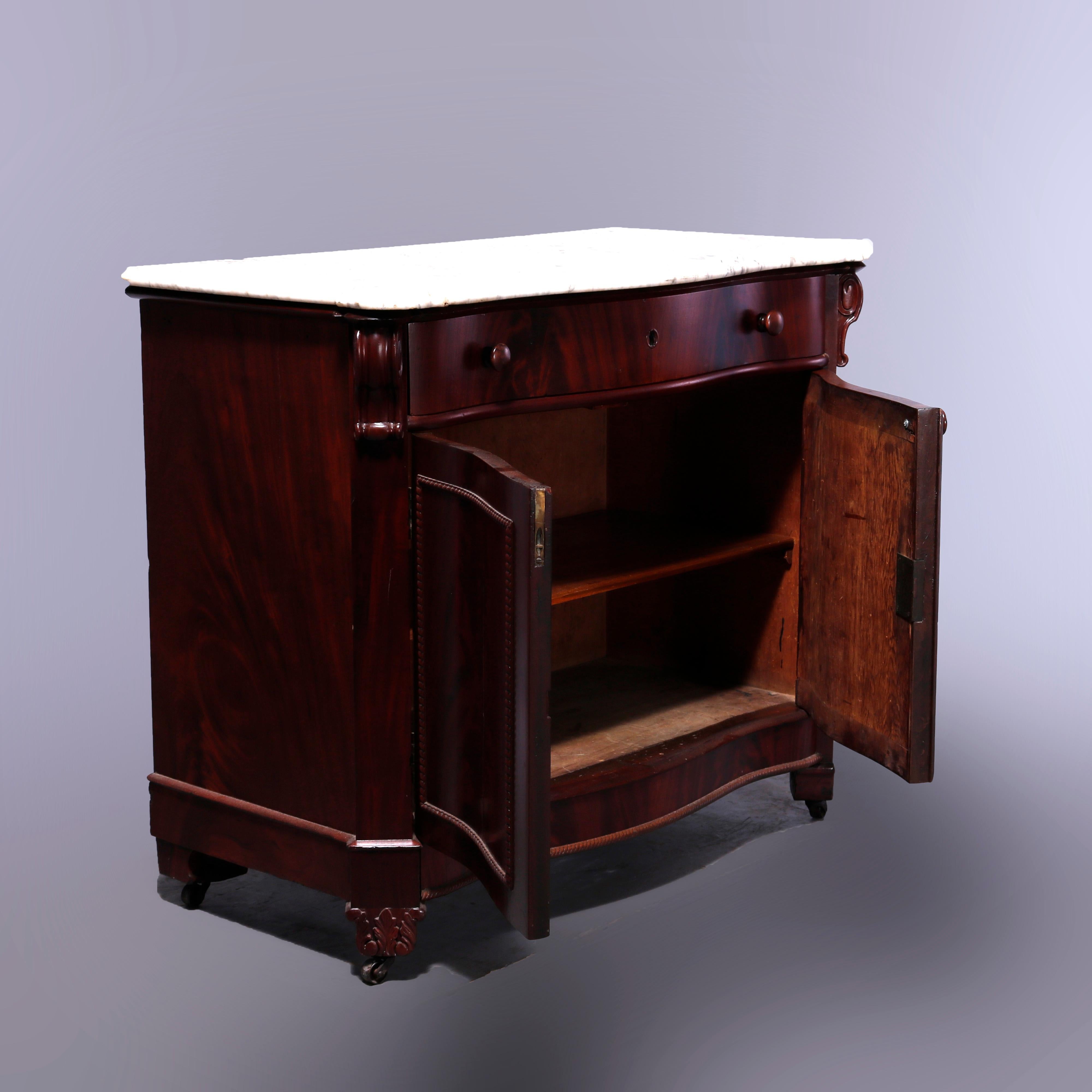 Beveled Antique American Empire Flame Mahogany Serpentine Marble-Top Commode, c1860