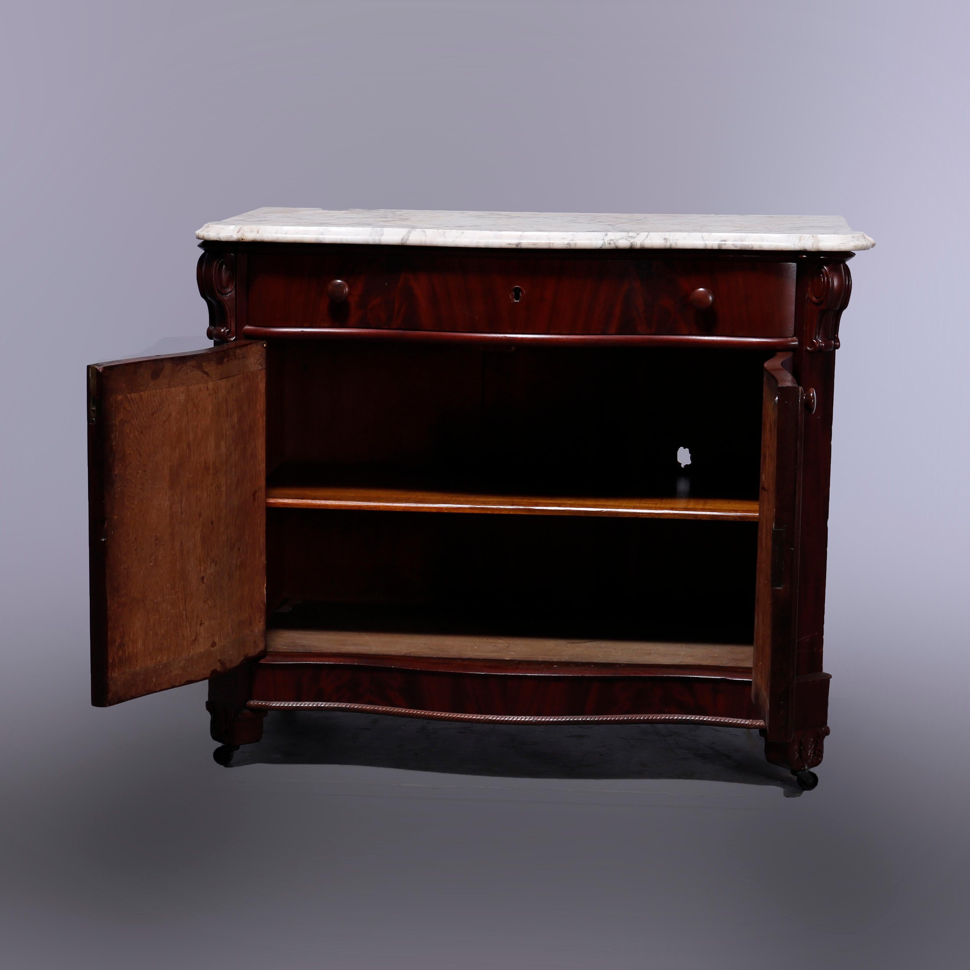 Antique American Empire Flame Mahogany Serpentine Marble-Top Commode, c1860 In Good Condition In Big Flats, NY