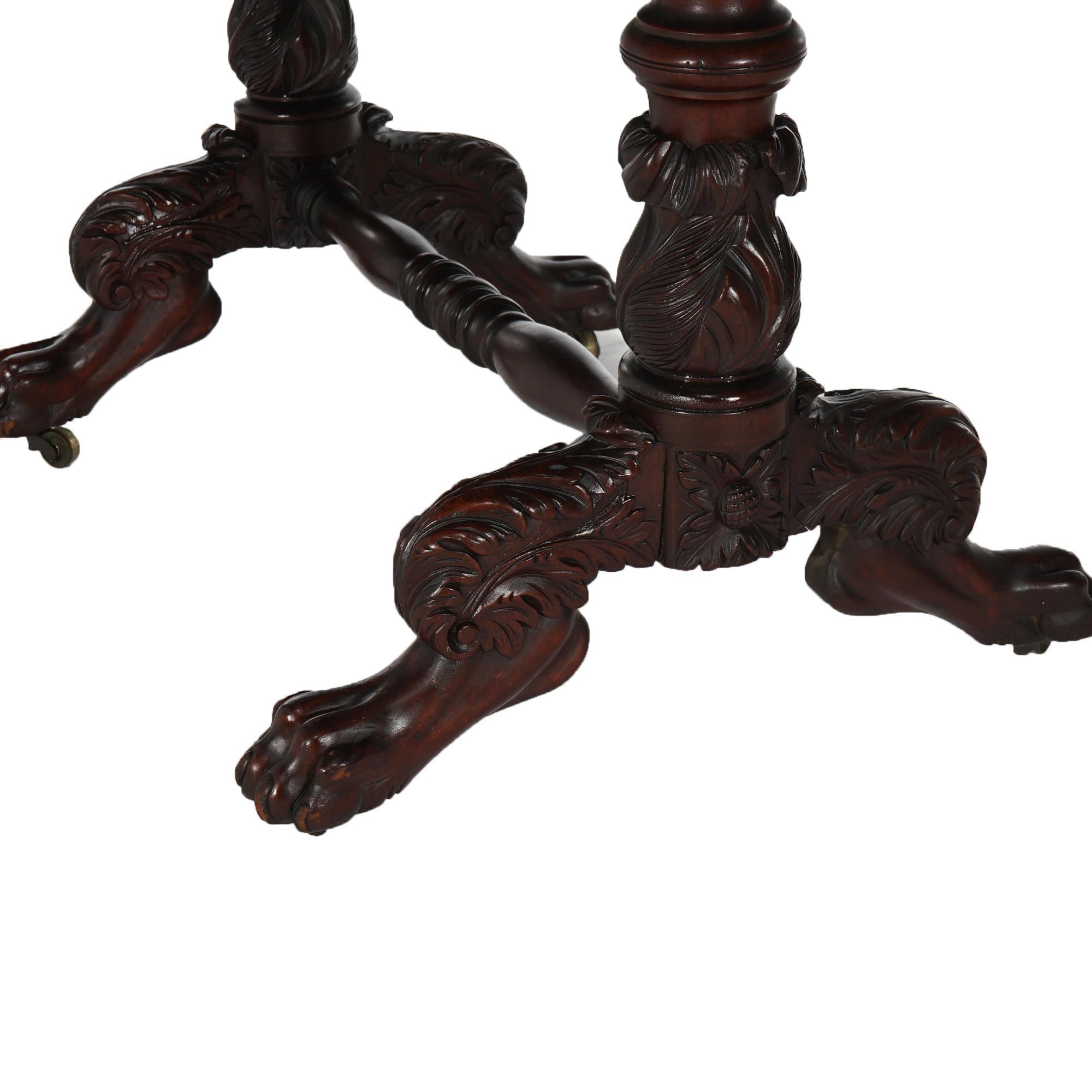 Antique American Empire Flame Mahogany Sofa Table, Carved Acanthus & Paws, C1840 For Sale 8