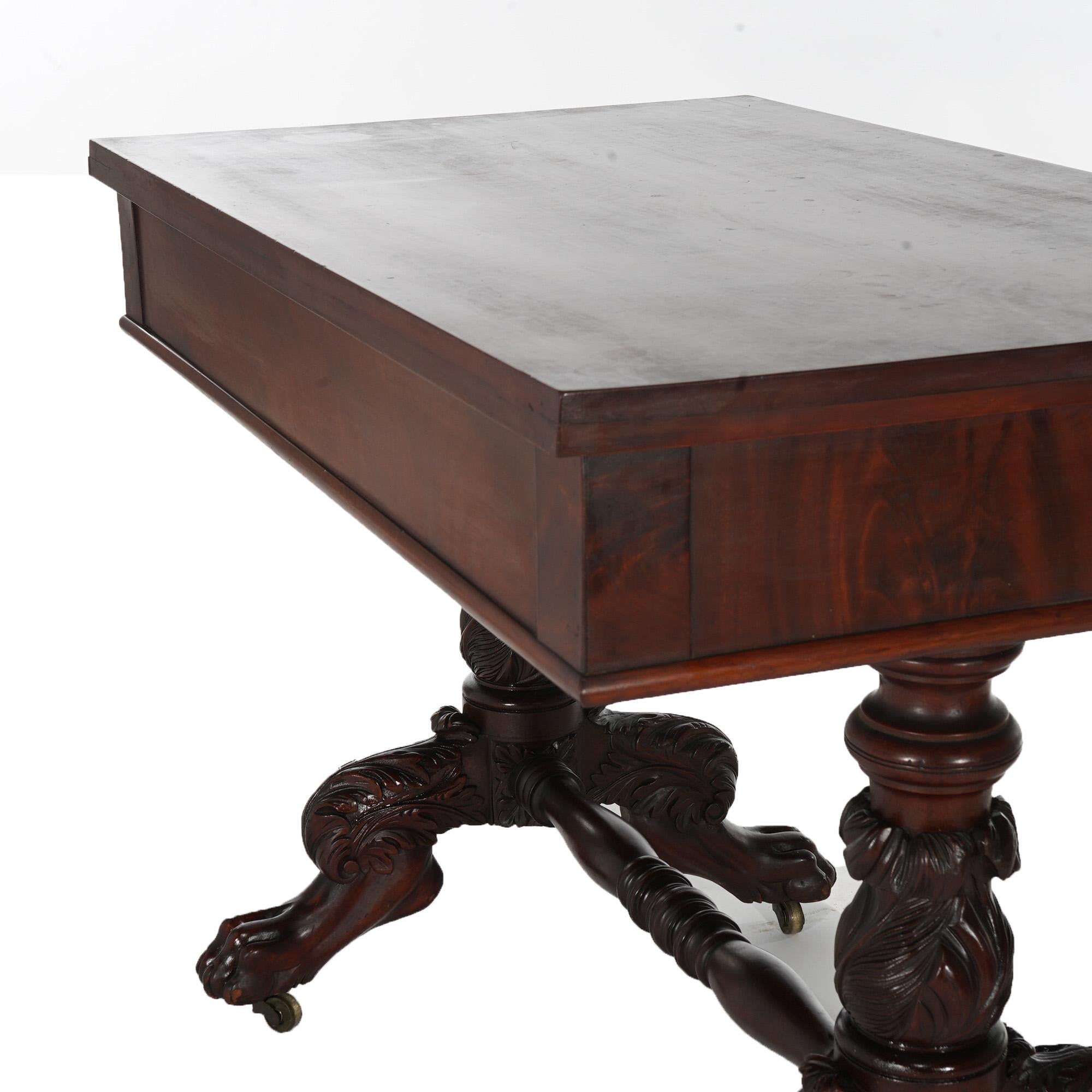 Antique American Empire Flame Mahogany Sofa Table, Carved Acanthus & Paws, C1840 For Sale 9