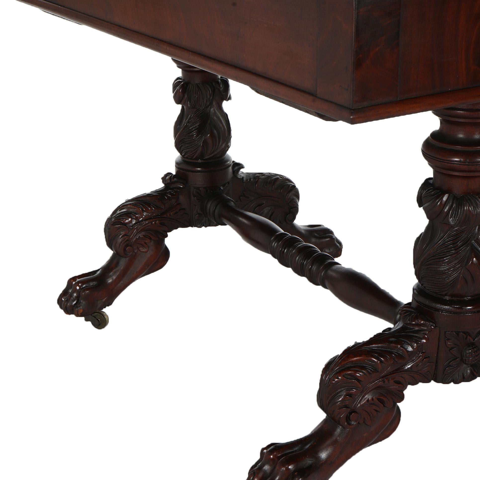 Antique American Empire Flame Mahogany Sofa Table, Carved Acanthus & Paws, C1840 For Sale 10